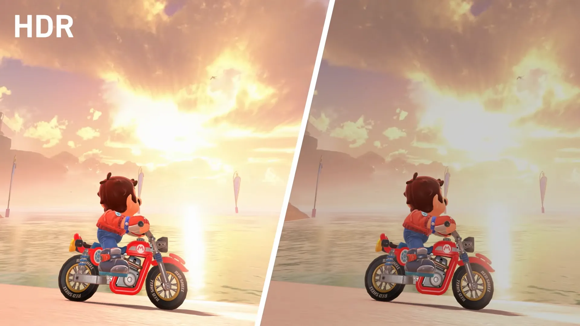 Hình ảnh game Mario Kart World hiển thị với và không có HDR trên Nintendo Switch 2, cho thấy sự khác biệt màu sắc sống động
