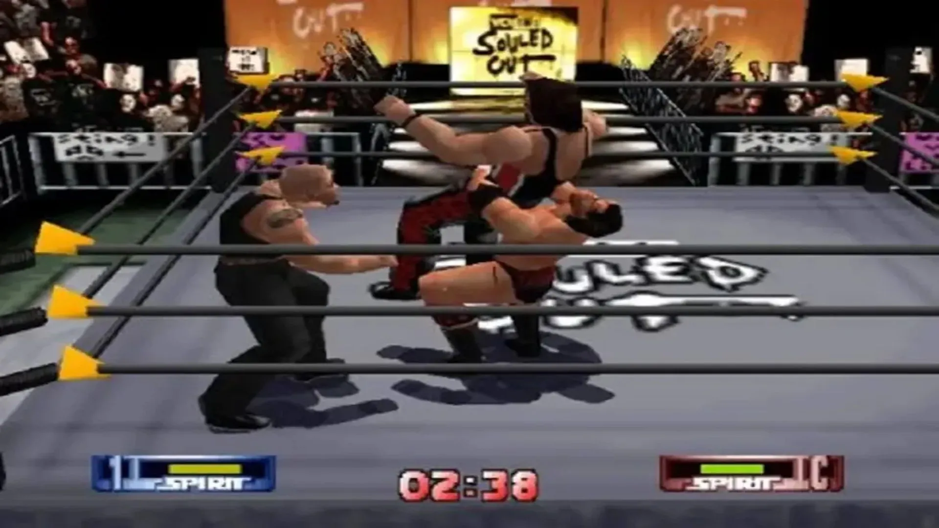 Hình ảnh gameplay của WCW/nWo Revenge trên Nintendo 64, hiển thị các đô vật trong trận đấu với đồ họa 3D đặc trưng của thời kỳ.