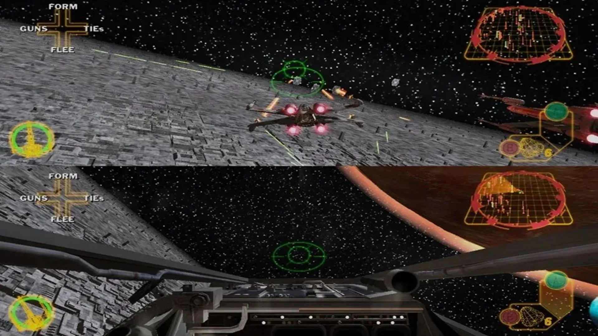 Hình ảnh gameplay Star Wars Rogue Squadron III: Rebel Strike với phi công Luke Skywalker đang chiến đấu trên bộ.