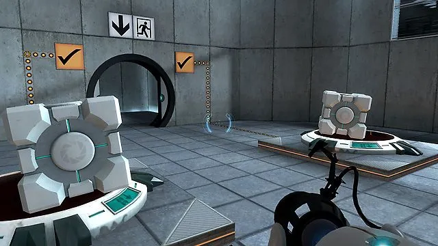 Hình ảnh giải đố trong game Portal với hai khối lập phương trên công tắc, đại diện cho game giải đố chất lượng