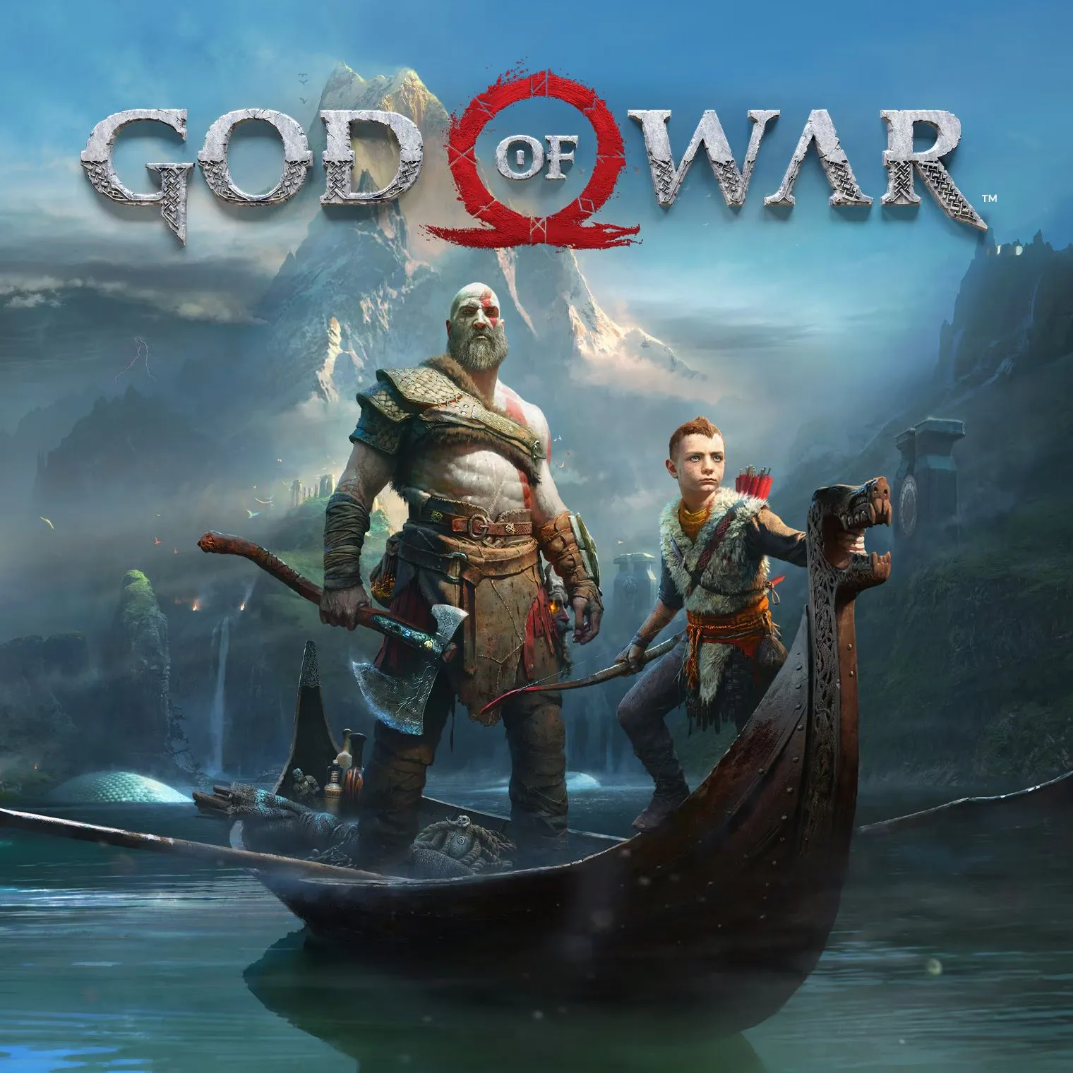 Hình ảnh Kratos và Atreus cùng nhau chiến đấu trong God of War 2018, thể hiện mối quan hệ cha con và bối cảnh thần thoại Bắc Âu.