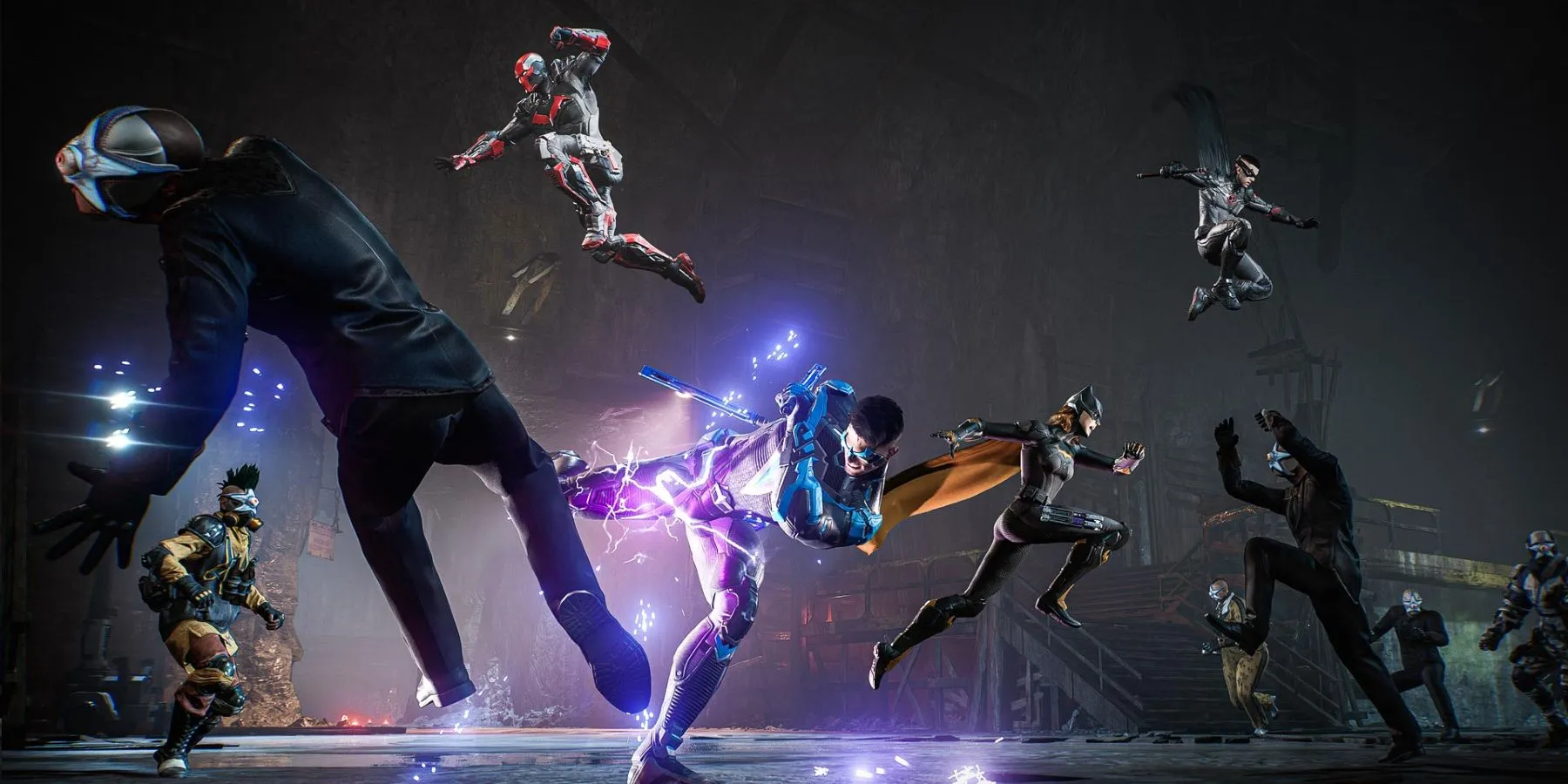 Hình ảnh lối chơi co-op trong Gotham Knights, với các thành viên gia đình Batman hợp sức chiến đấu trong môi trường đô thị u ám.