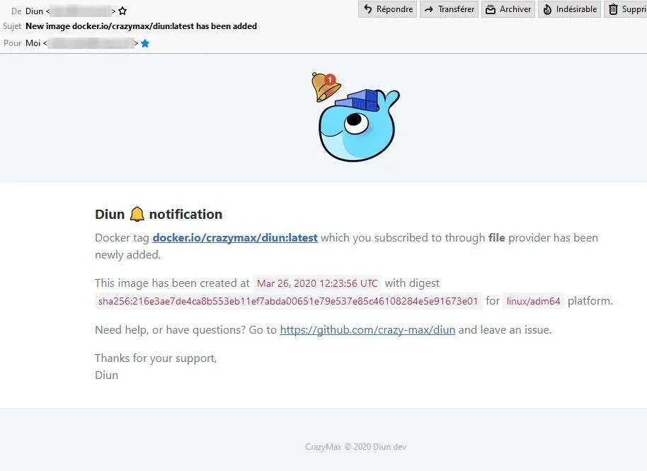 Hình ảnh mẫu thông báo cập nhật container Docker qua email từ Diun
