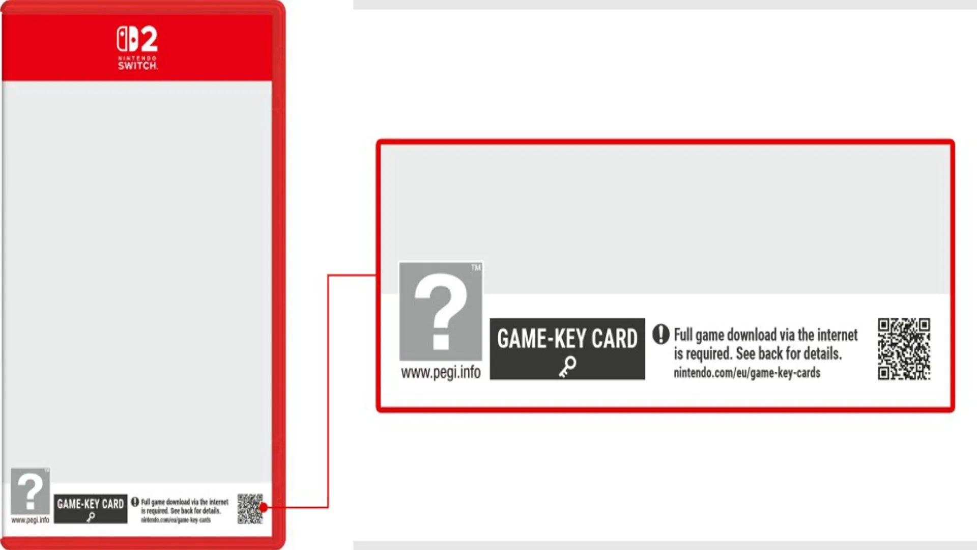 Hình ảnh minh họa chi tiết về Game-Key card cho Nintendo Switch 2, thể hiện thông tin yêu cầu tải game qua internet và dung lượng cần thiết.