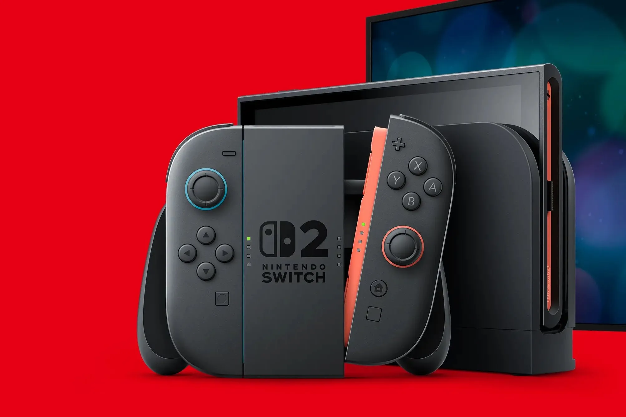 Hình ảnh minh họa máy chơi game cầm tay Nintendo Switch 2 cùng dock sạc và bộ điều khiển Joy-Con