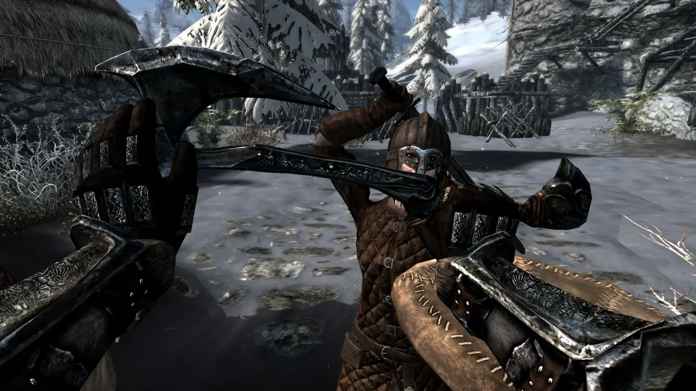 Hình ảnh mod Comprehensive First Person Animation Overhaul trong Skyrim, thể hiện hoạt ảnh cầm kiếm sắc nét