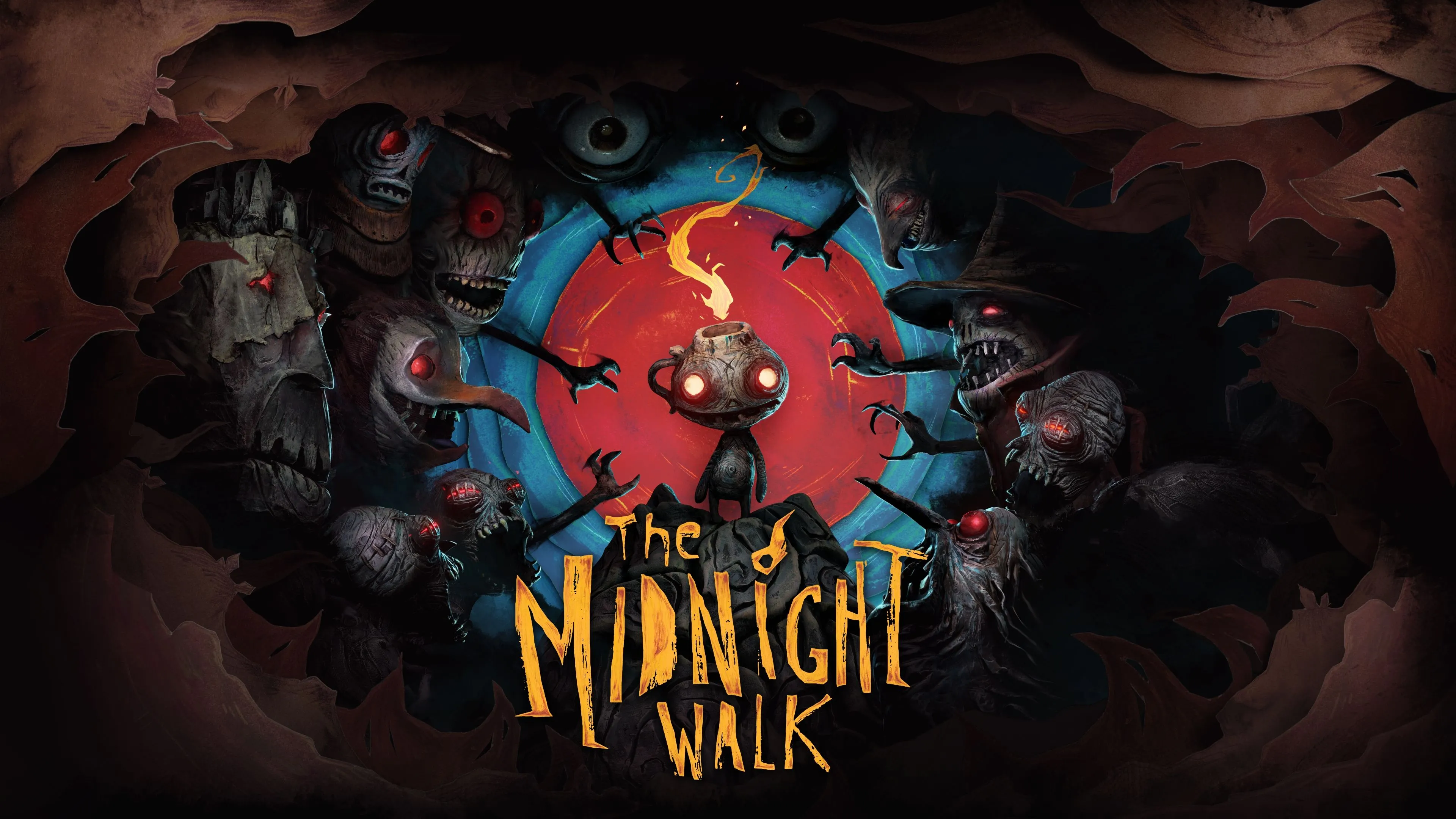 Hình ảnh nghệ thuật chính của game The Midnight Walk, giới thiệu nhân vật The Burnt One và người bạn đồng hành Potboy.