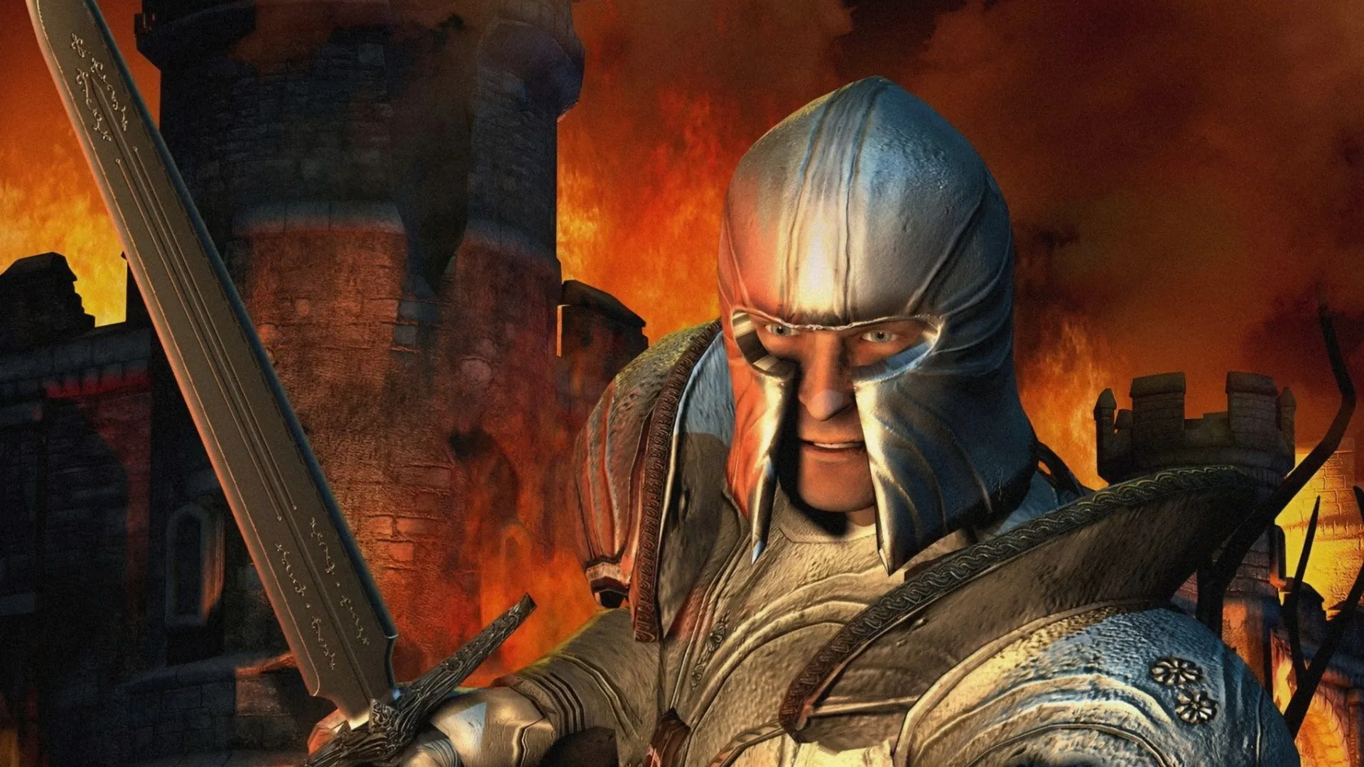 Hình ảnh nghệ thuật chính thức của The Elder Scrolls IV Oblivion, với nhân vật chính đứng trước cổng thành Cyrodiil hùng vĩ, đại diện cho thế giới game nhập vai rộng lớn.