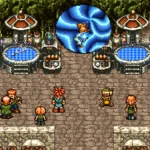 Hình ảnh nhân vật Crono và Marle trong game Chrono Trigger đứng trước cánh cổng thời gian dạng xoáy nước màu xanh huyền ảo, biểu tượng đặc trưng của tựa game JRPG kinh điển.