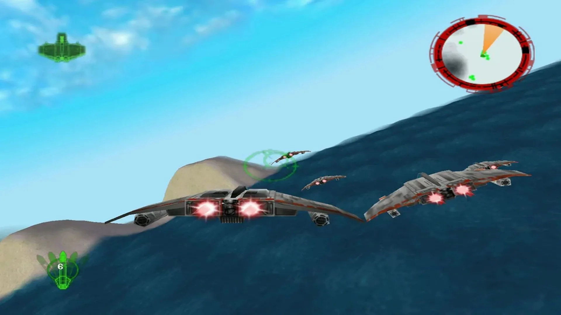 Hình ảnh phi thuyền V-Wing chiến đấu cùng đồng đội trong Star Wars: Rogue Squadron (N64), thể hiện gameplay không chiến đặc sắc.
