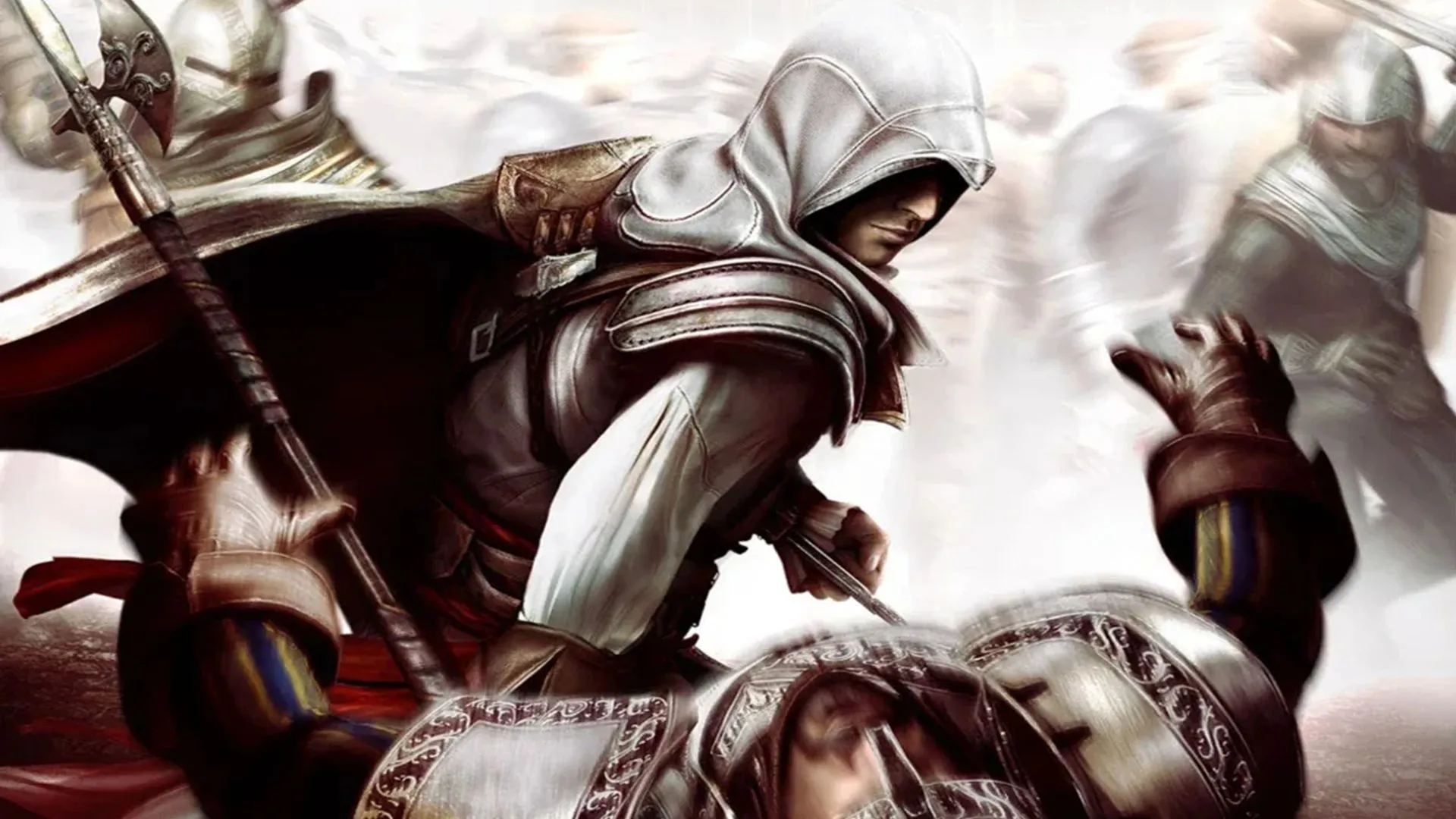 Hình ảnh quảng bá Assassin's Creed minh họa một sát thủ trong bối cảnh lịch sử, tượng trưng cho khả năng tương tác với các nhân vật nổi tiếng trong game.