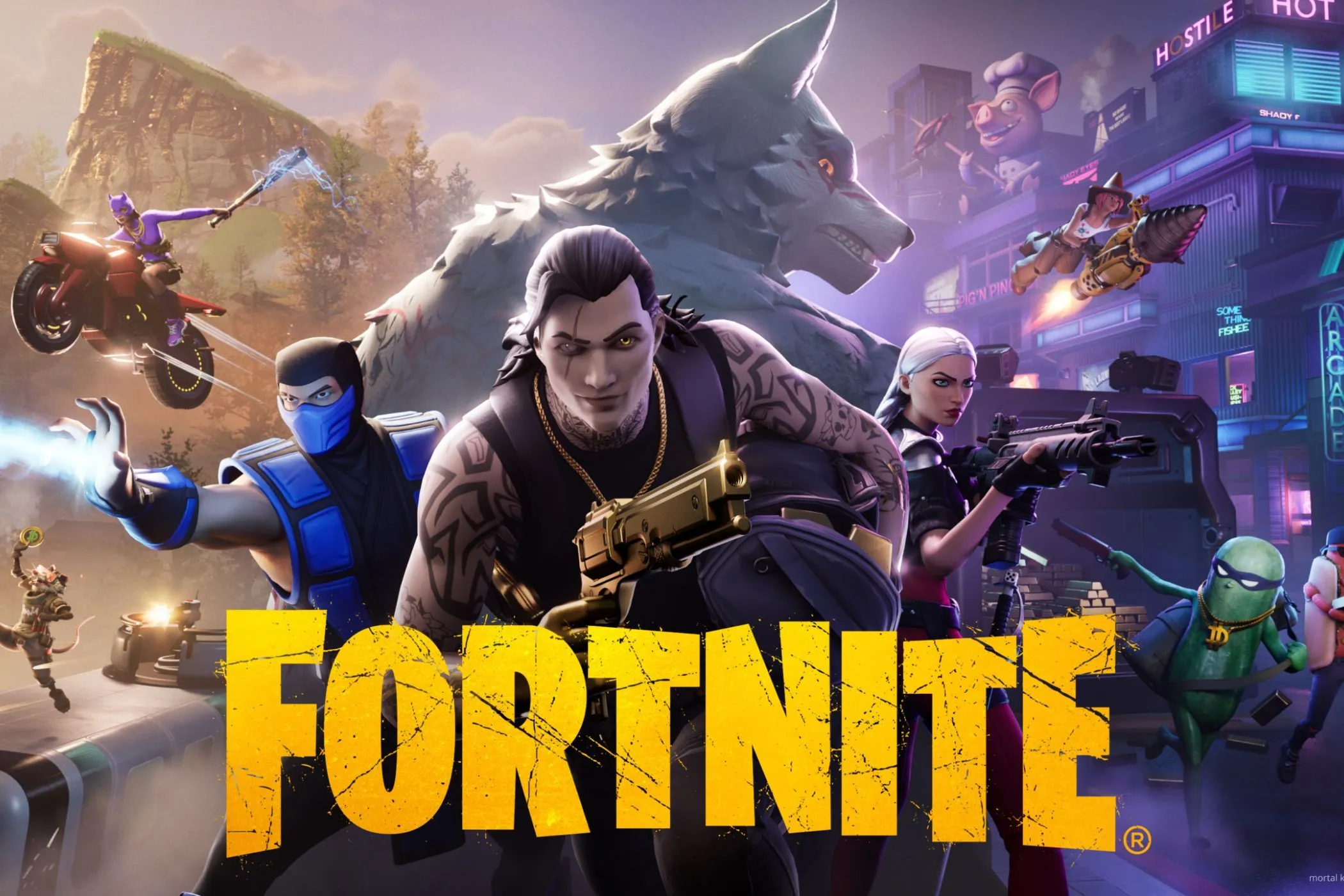Hình ảnh quảng cáo Fortnite với lính và sói