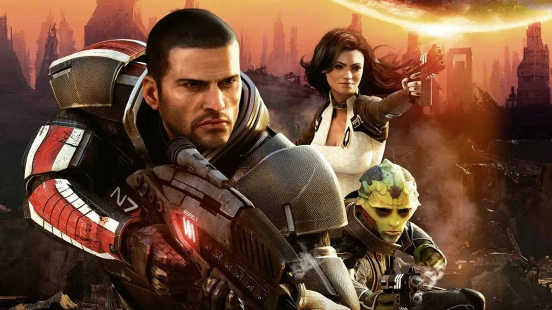 Hình ảnh quảng cáo game Mass Effect 2, thể hiện bối cảnh không gian khoa học viễn tưởng với các nhân vật đặc trưng