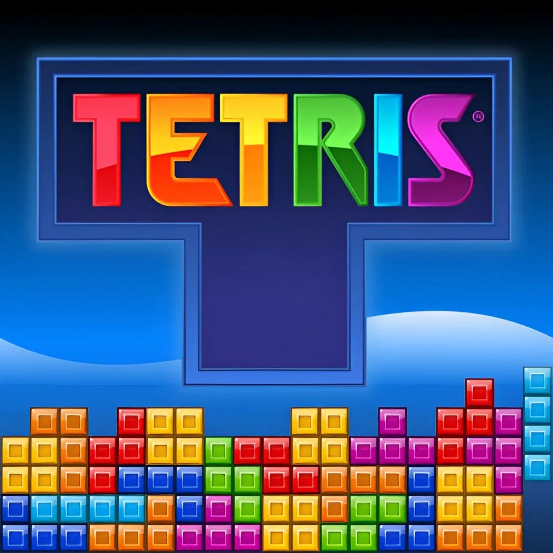 Hình ảnh sản phẩm của game Tetris, hiển thị các khối Tetrimino rơi và giao diện chơi game kinh điển