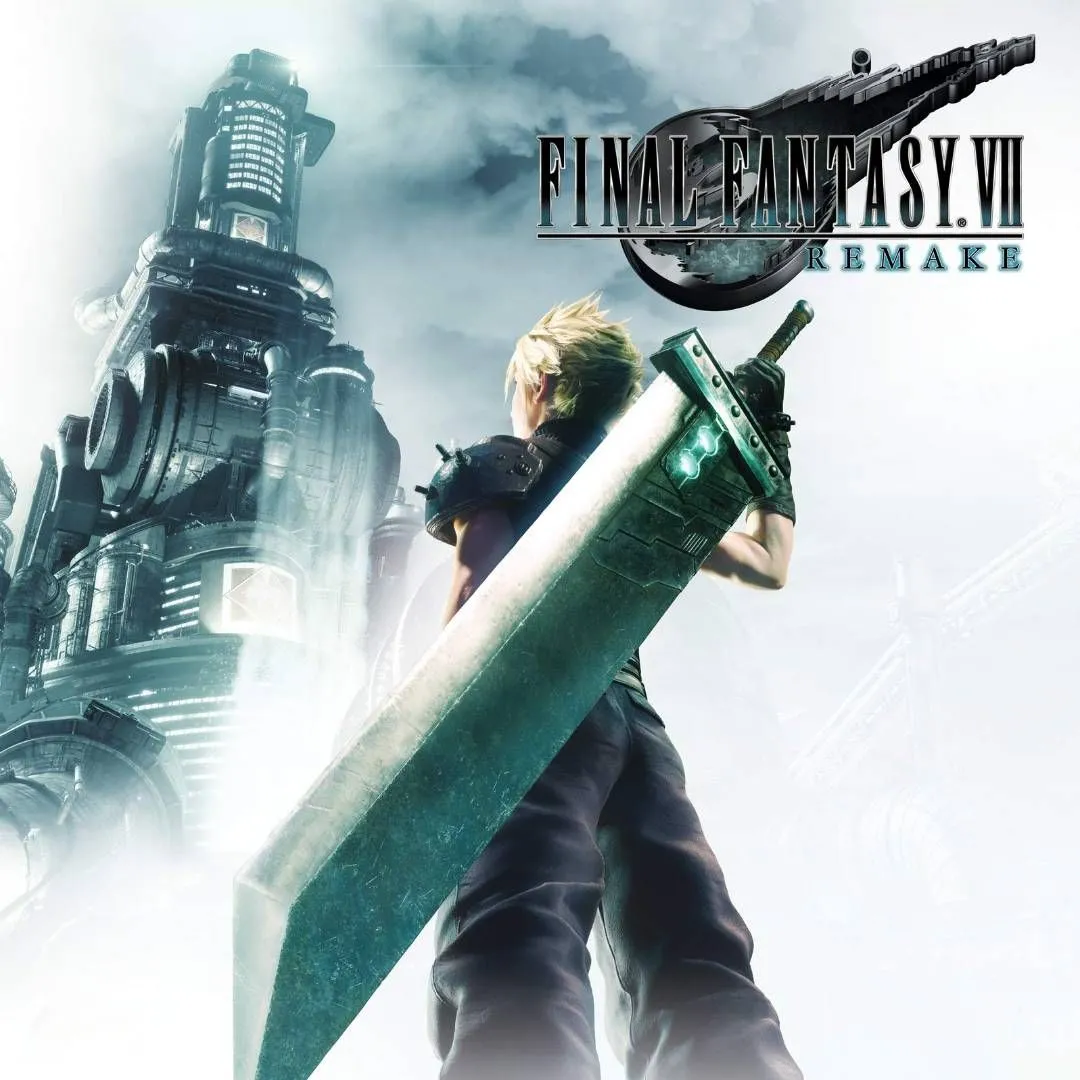 Hình ảnh sản phẩm game Final Fantasy VII Remake, tập trung vào nhân vật Cloud Strife với thanh Buster Sword khổng lồ trong một cảnh chiến đấu tại Midgar, thể hiện đồ họa next-gen.