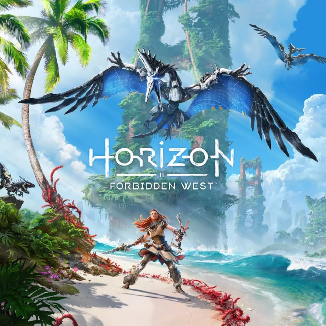 Hình ảnh sản phẩm game Horizon Forbidden West, cho thấy nhân vật chính Aloy đối mặt với một cỗ máy khổng lồ trong một khu rừng rậm rạp