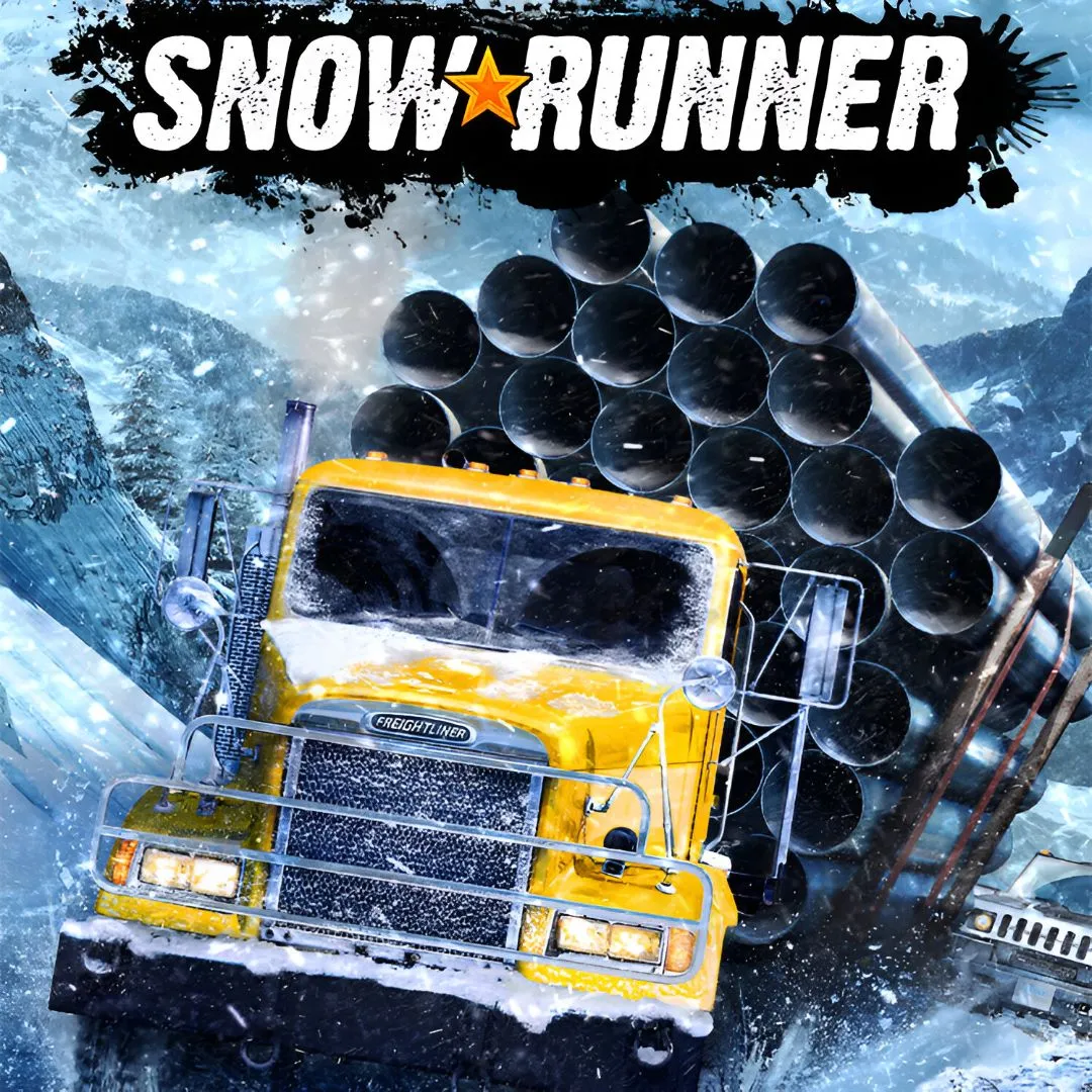 Hình ảnh sản phẩm game SnowRunner, hiển thị một chiếc xe tải đang mắc kẹt trong bùn lầy của một môi trường khắc nghiệt