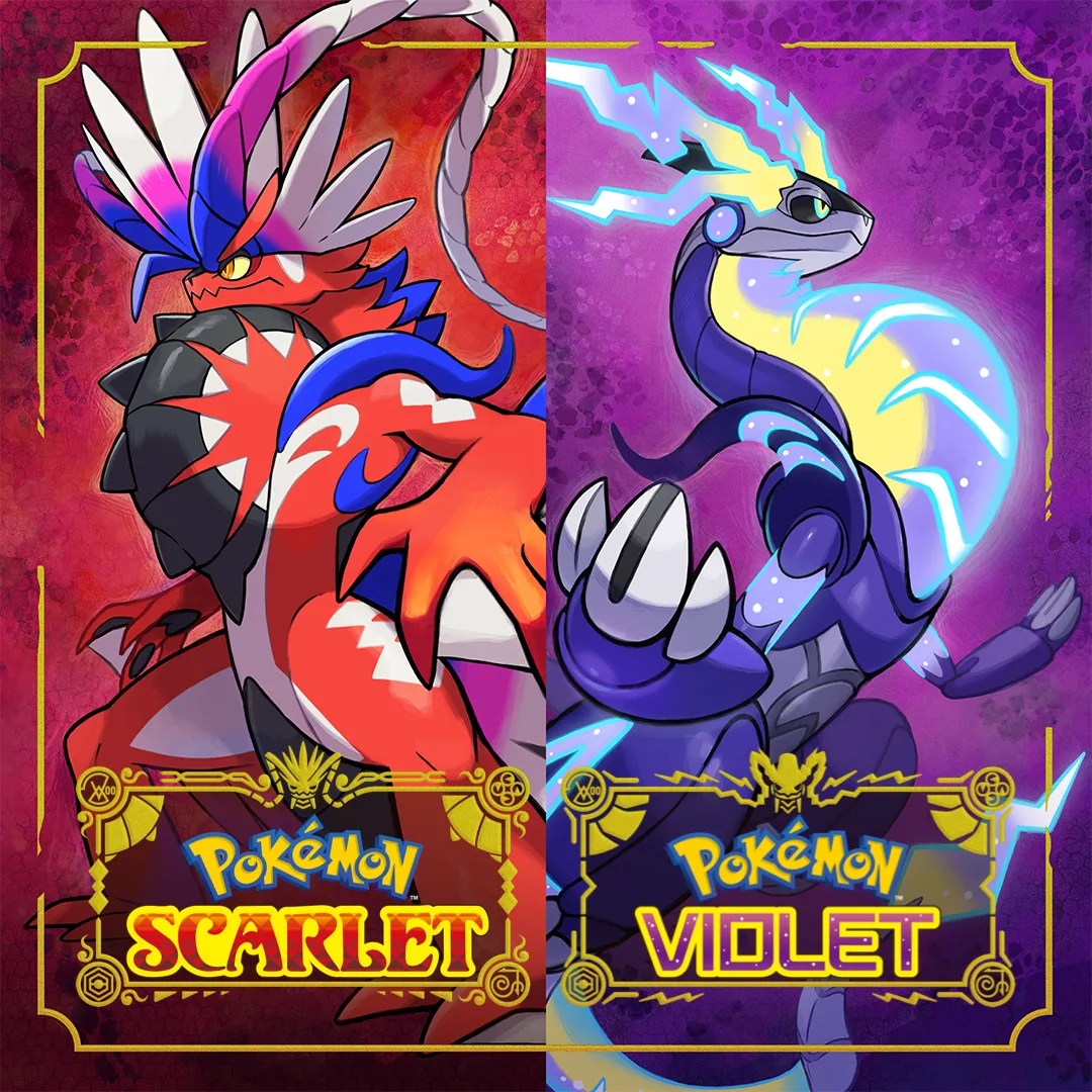 Hình ảnh sản phẩm Pokémon Scarlet và Violet với Koraidon và Miraidon, thể hiện cập nhật hiệu năng trên Switch 2.