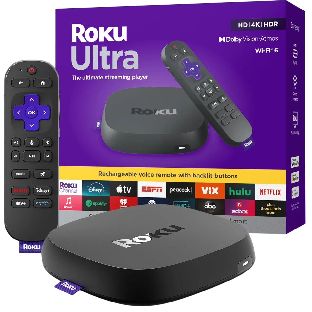 Hình ảnh thiết bị streaming Roku Ultra 2024 kèm điều khiển Voice Remote Pro hỗ trợ 4K và Dolby Atmos.