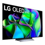 Hình ảnh TV LG C3 OLED với màn hình hiển thị logo và hình nền trừu tượng