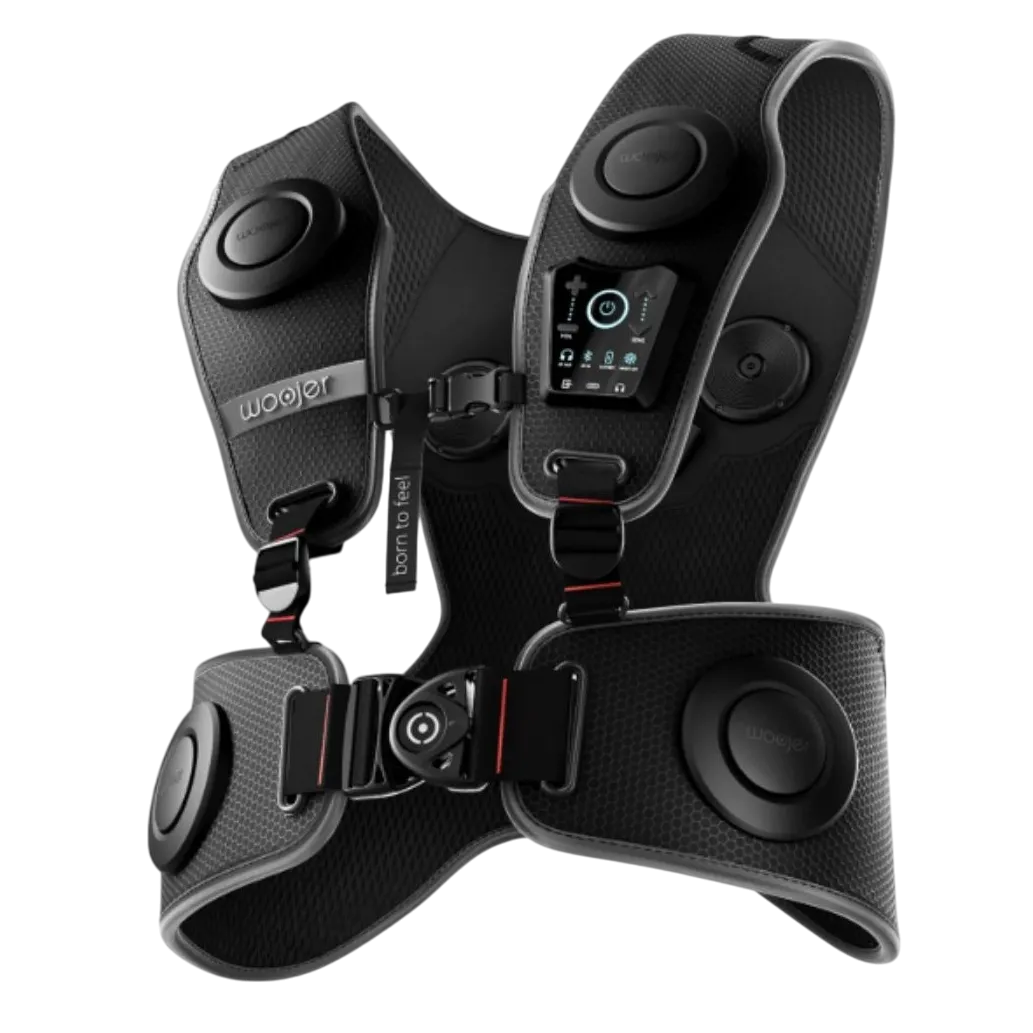 Hình ảnh Woojer Vest 3 trong suốt, minh họa các bộ chuyển đổi haptic
