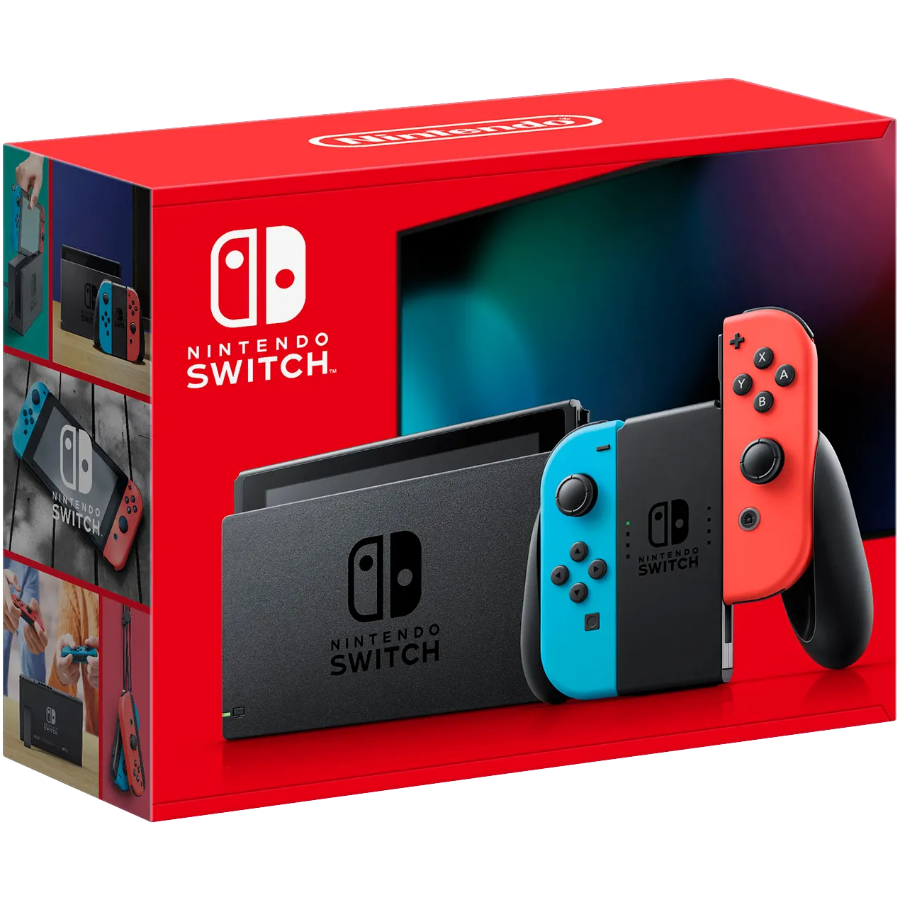 Hộp bán lẻ máy chơi game Nintendo Switch với hai tay cầm Joy-Con màu đỏ và xanh