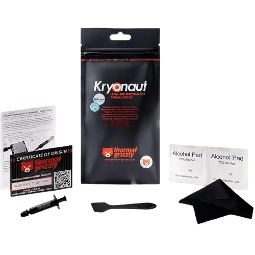 Hộp keo tản nhiệt Thermal Grizzly Kryonaut kèm miếng cồn lau, dụng cụ phết keo và khăn lau, các dụng cụ cần thiết để thay keo tản nhiệt GPU