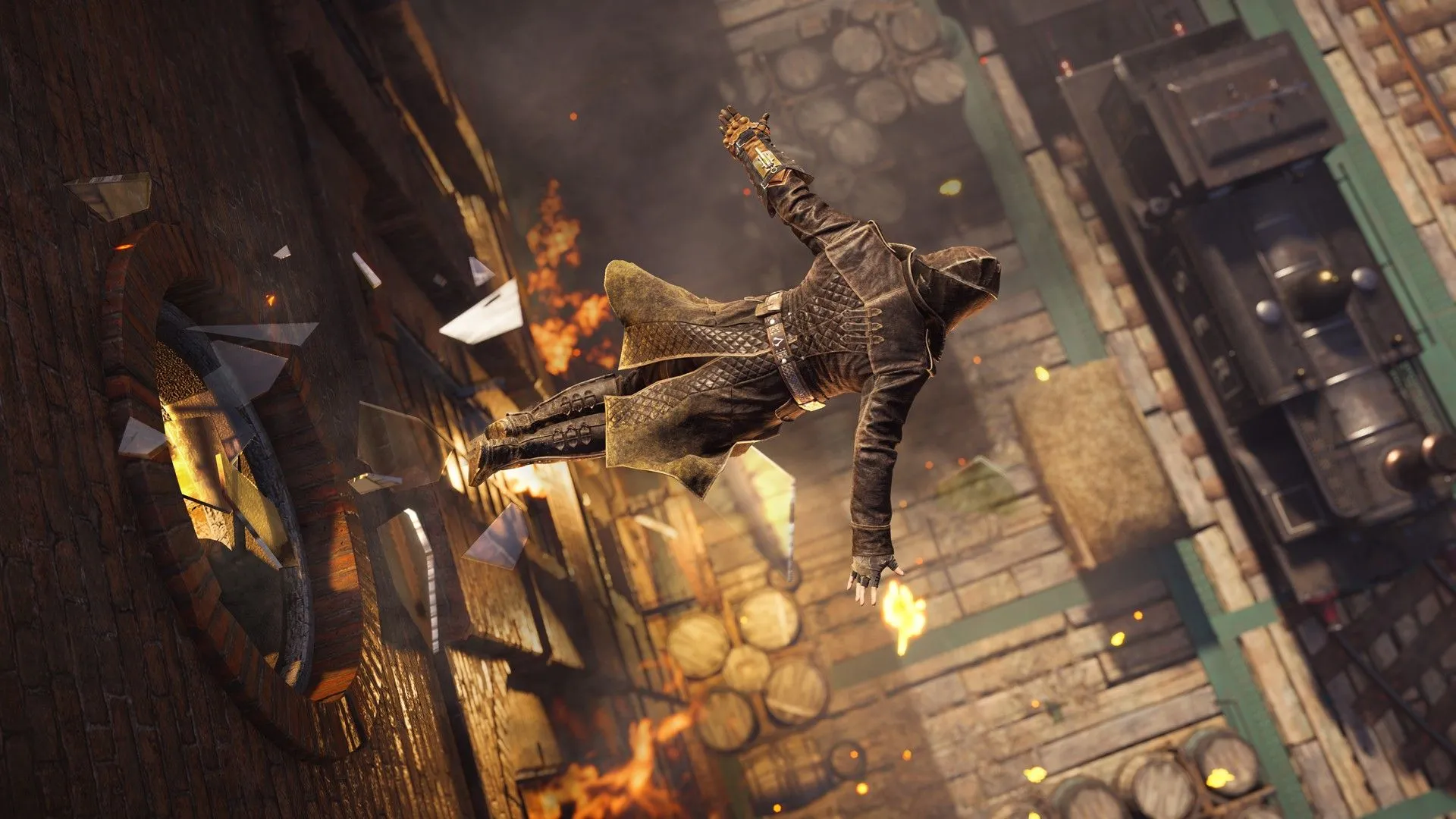 Jacob Frye thực hiện cú Leap of Faith từ cửa sổ xuống xe lửa trong game Assassin's Creed Syndicate, thể hiện lối chơi sáng tạo của game AAA