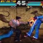 Jin và Hwoarang trong một trận đấu Tekken Tag Tournament, minh họa khái niệm tư duy không gian 3 chiều trong game đối kháng.
