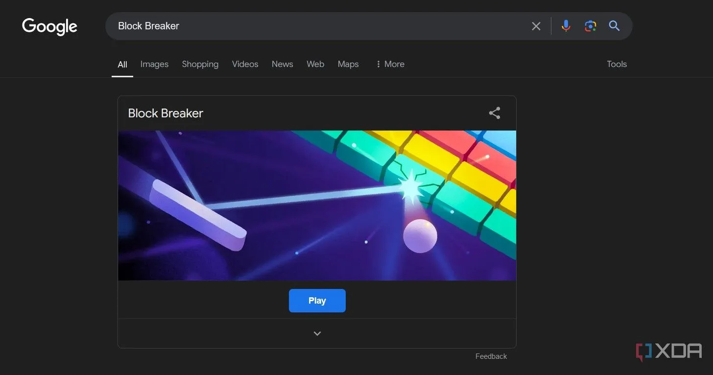 Kết quả tìm kiếm Google hiển thị game Block Breaker với tùy chọn chơi
