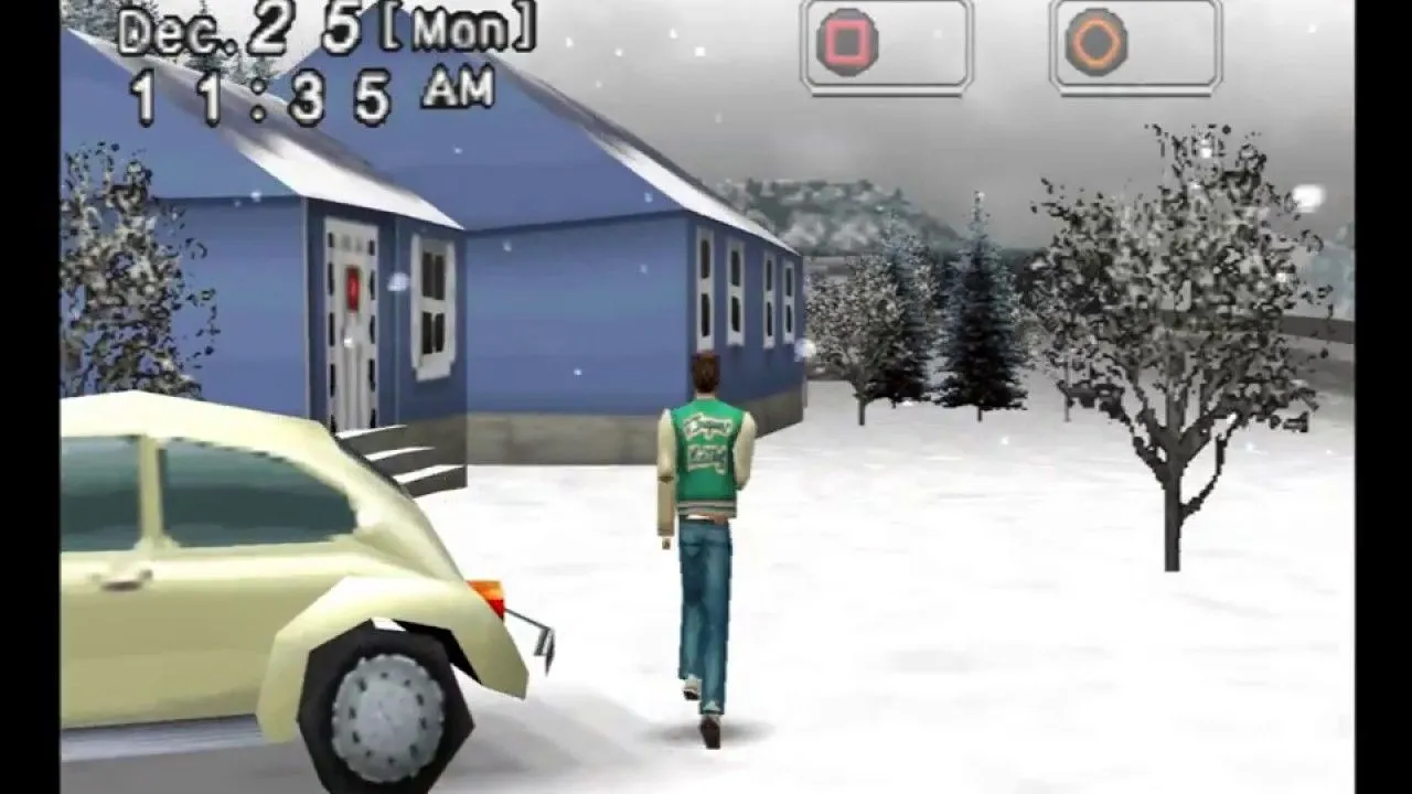 Khu vực tuyết phủ trong game Mizzurna Falls với ngôi nhà và xe hơi