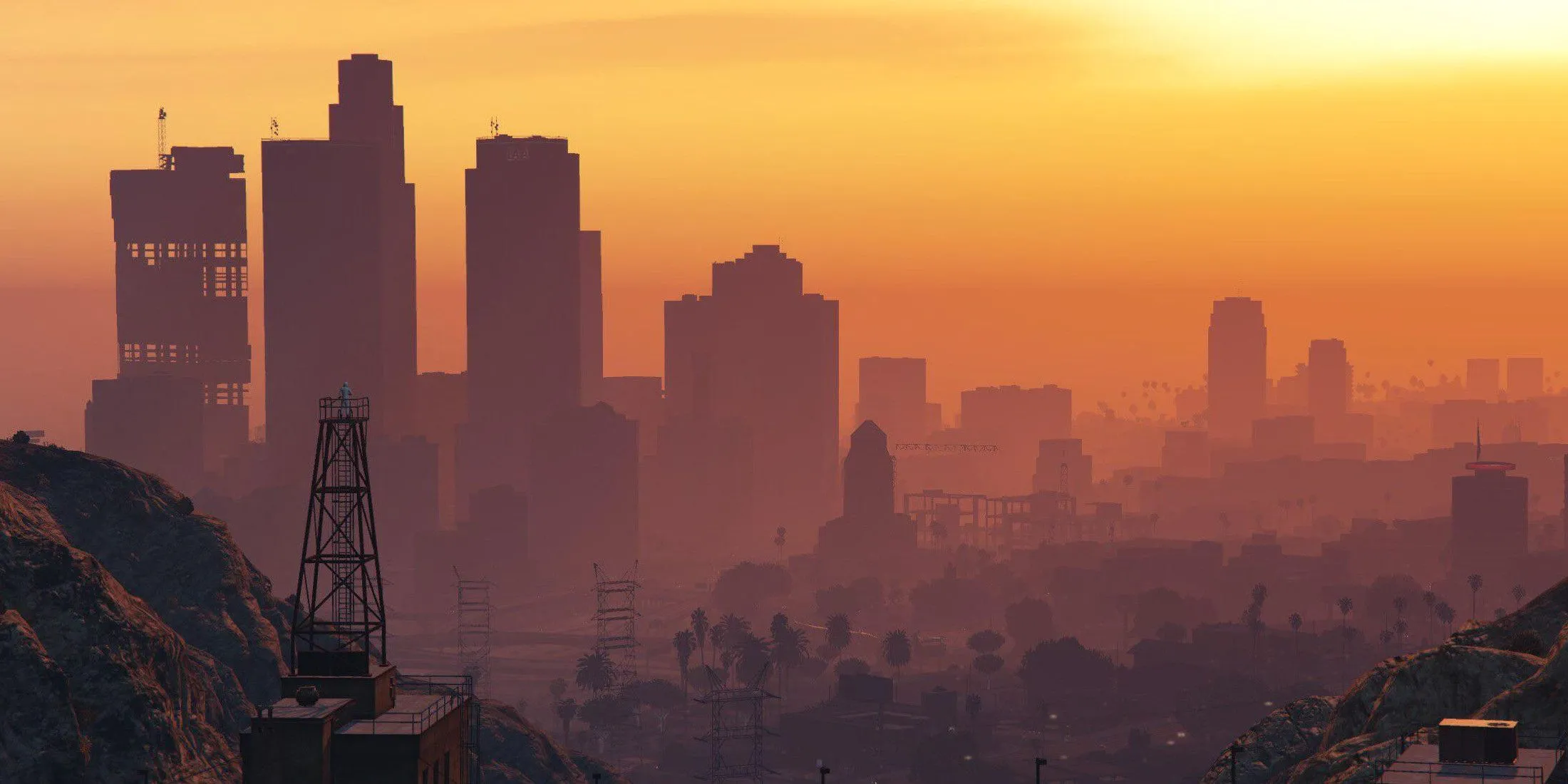 Khung cảnh đường chân trời Los Santos trong Grand Theft Auto 6 với ánh hoàng hôn rực rỡ