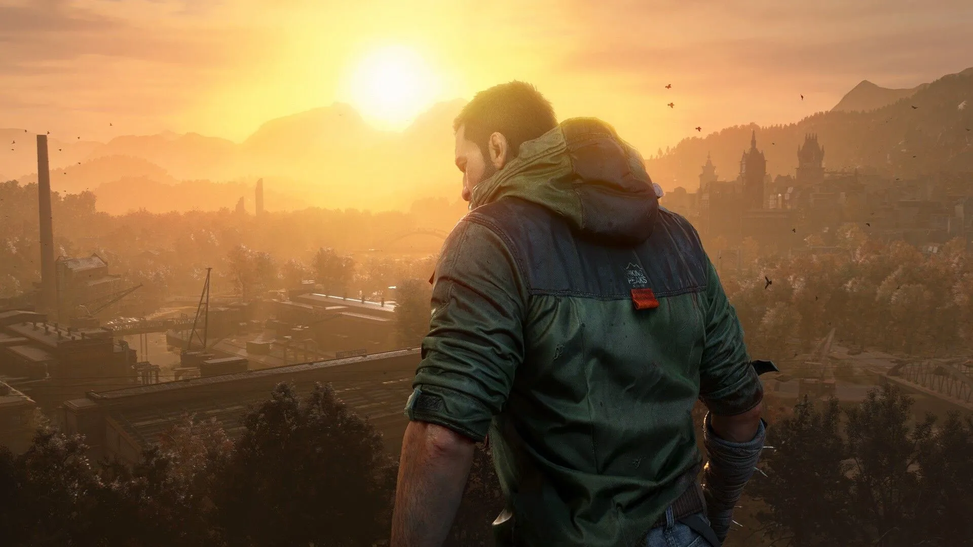 Kyle Crane nhìn ra xa trên nóc tòa nhà đổ nát trong Dying Light: The Beast