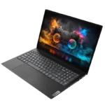 Laptop Lenovo V15 màu đen với màn hình hiển thị sống động và bàn phím đầy đủ, sẵn sàng cho công việc và giải trí.