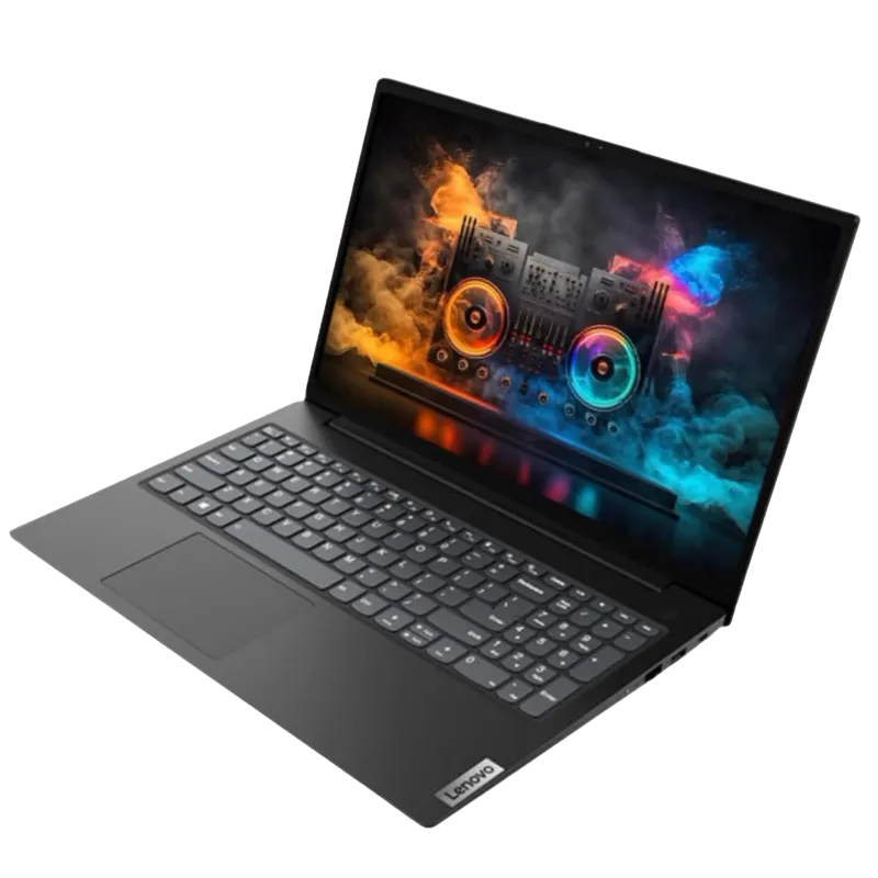 Laptop Lenovo V15 màu đen với màn hình hiển thị sống động và bàn phím đầy đủ, sẵn sàng cho công việc và giải trí.