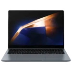 Laptop Samsung Galaxy Book 4 Ultra màu bạc sang trọng nhìn từ mặt trước, hiển thị màn hình AMOLED 16 inch sắc nét
