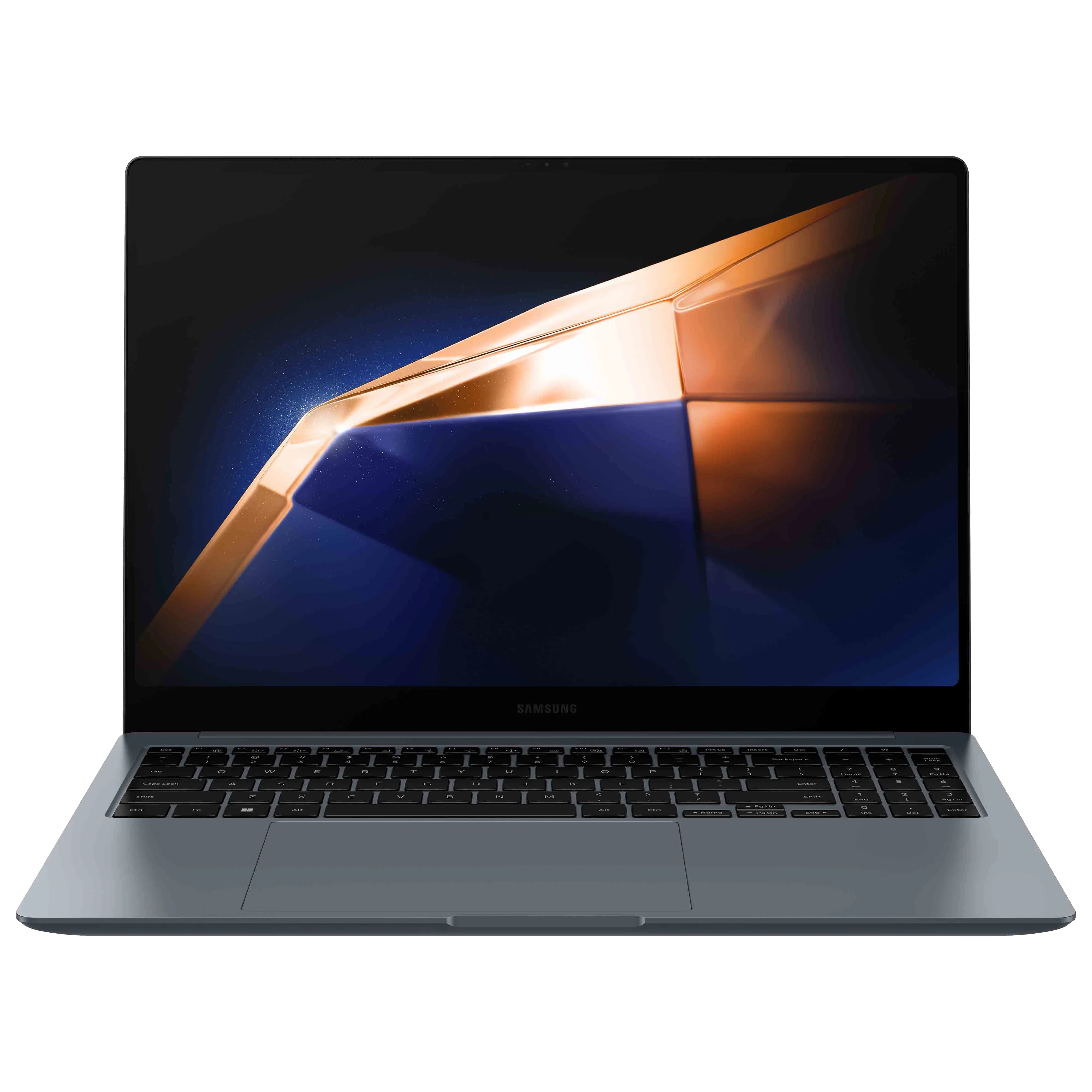 Laptop Samsung Galaxy Book 4 Ultra màu bạc sang trọng nhìn từ mặt trước, hiển thị màn hình AMOLED 16 inch sắc nét