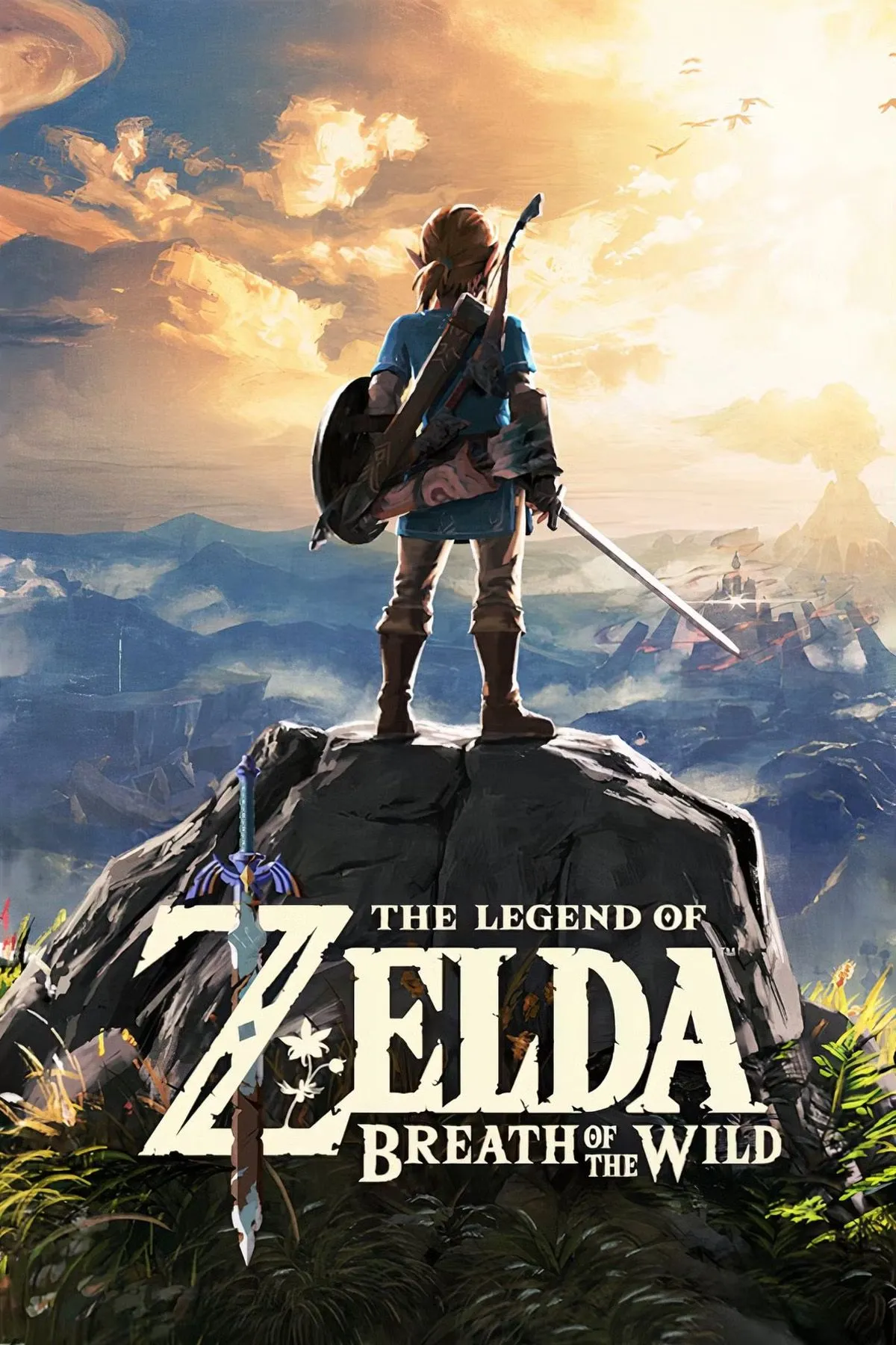Link đang đứng trên đỉnh một ngọn núi nhìn ra thế giới mở rộng lớn trong The Legend of Zelda: Breath of the Wild.