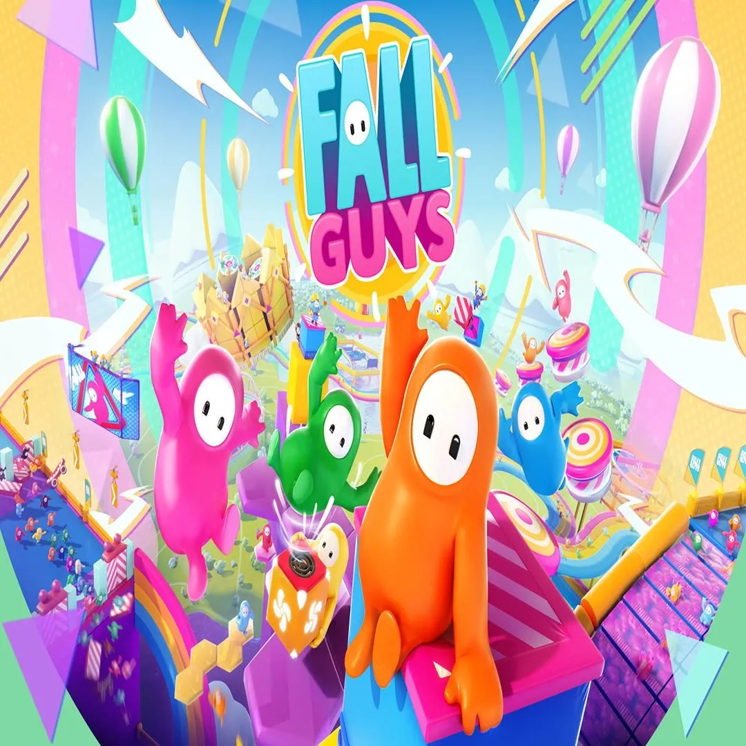 Logo game Fall Guys với các nhân vật hạt đậu dễ thương, minh họa game Battle Royale giải trí cho PC yếu.