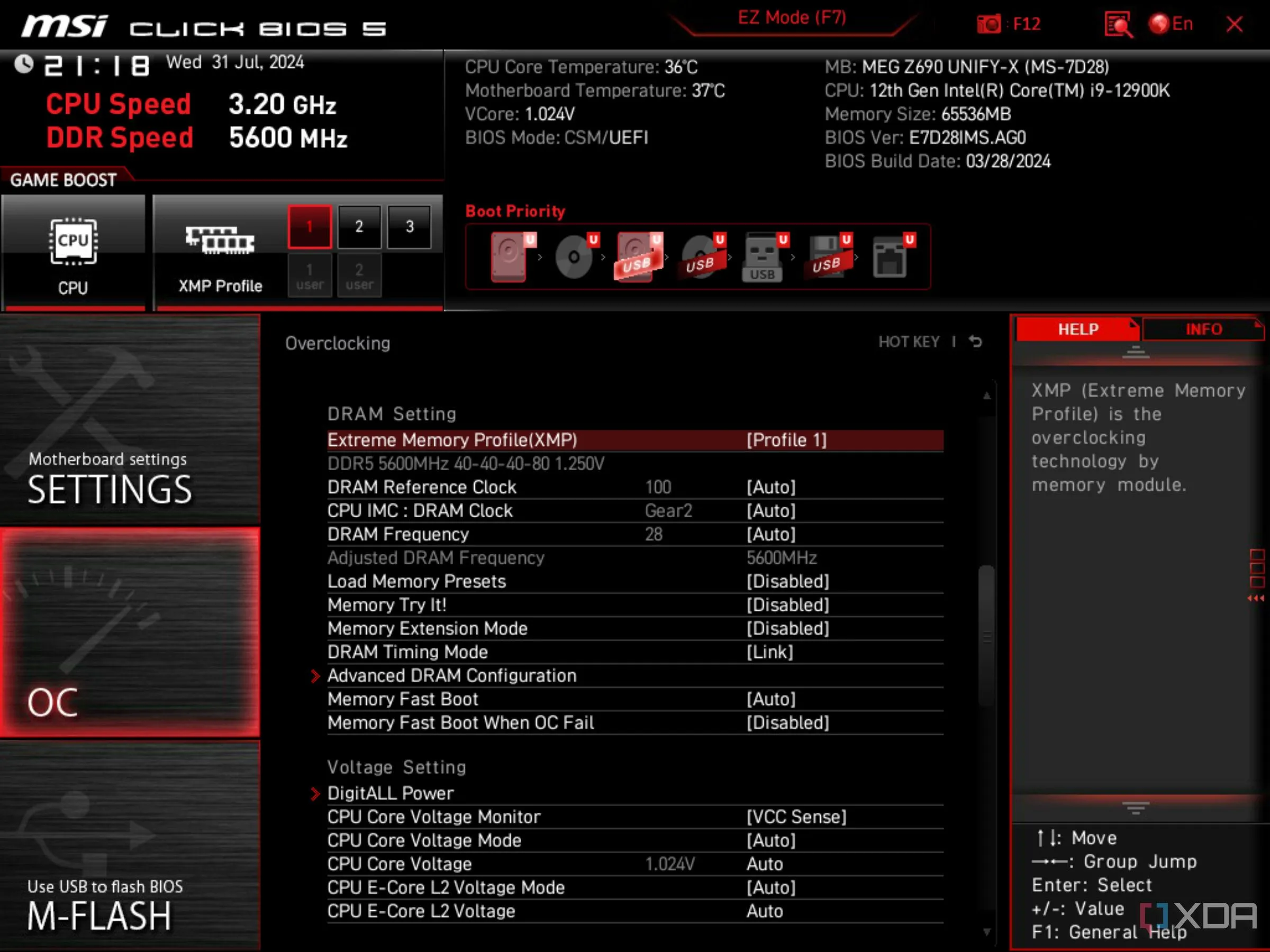 Màn hình BIOS UEFI của MSI hiển thị tùy chọn Intel XMP (Extreme Memory Profile) đã được kích hoạt, cho phép RAM chạy ở tốc độ tối đa.