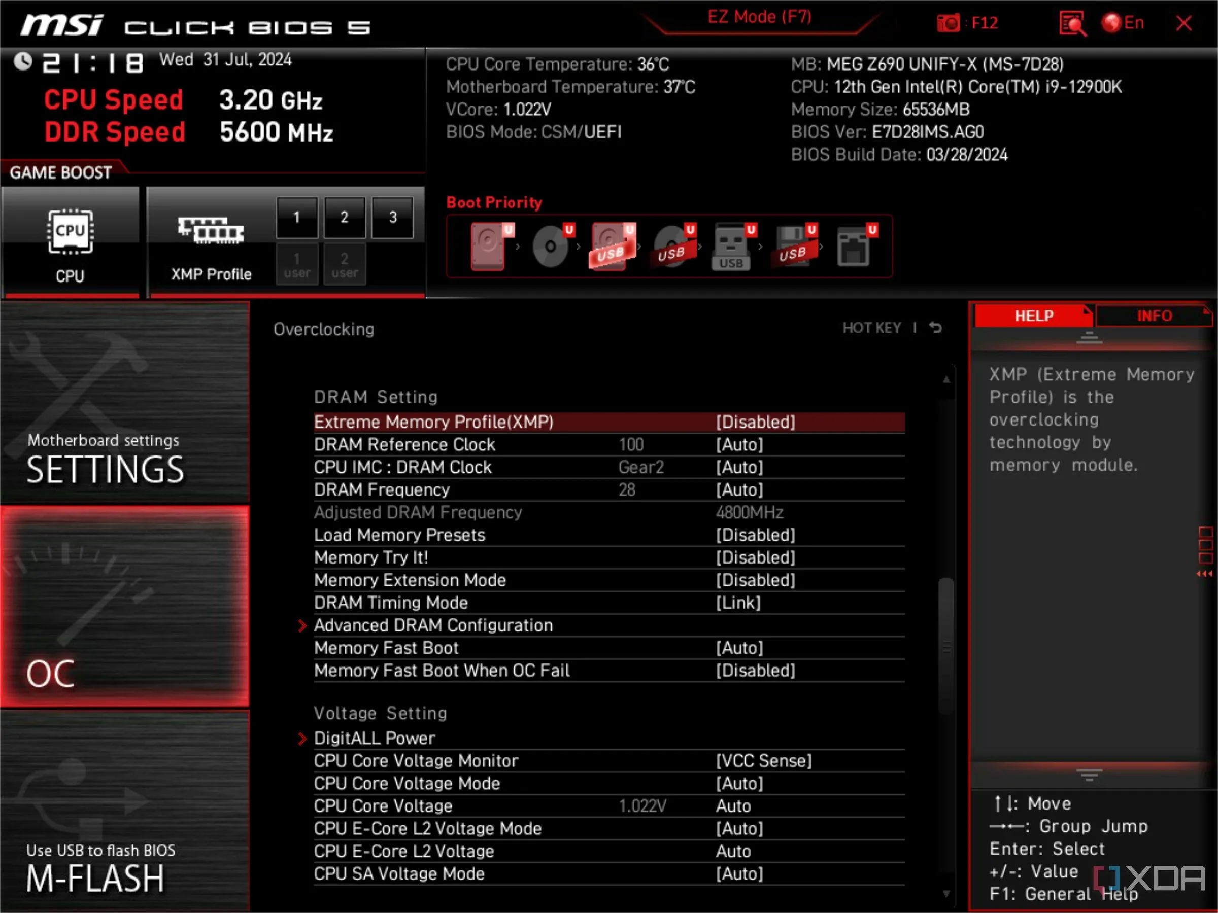 Màn hình BIOS UEFI của MSI hiển thị XMP đã bị vô hiệu hóa