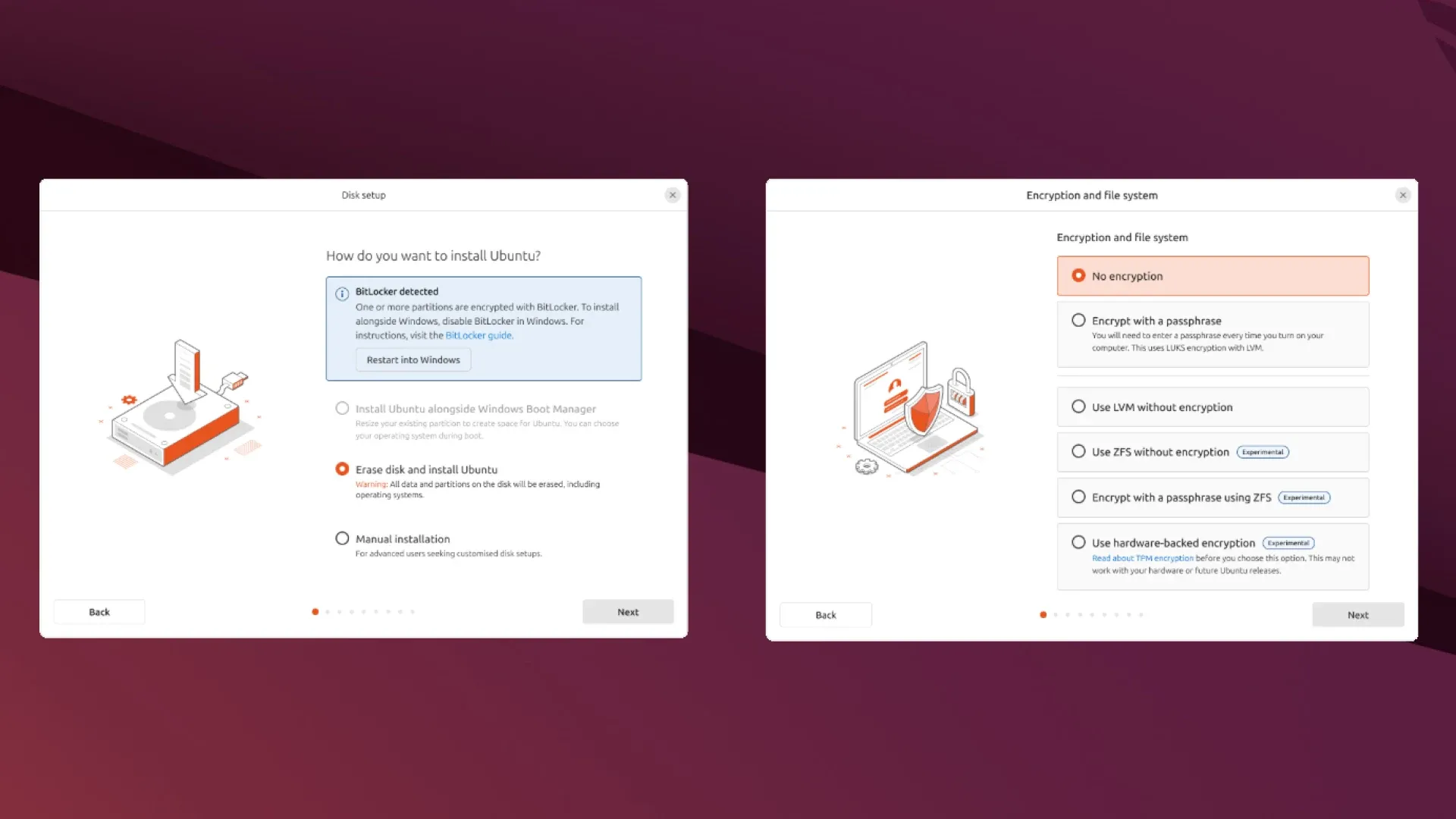 Màn hình cài đặt Ubuntu 25.04 hiển thị các tùy chọn phân vùng ổ đĩa và cảnh báo BitLocker.