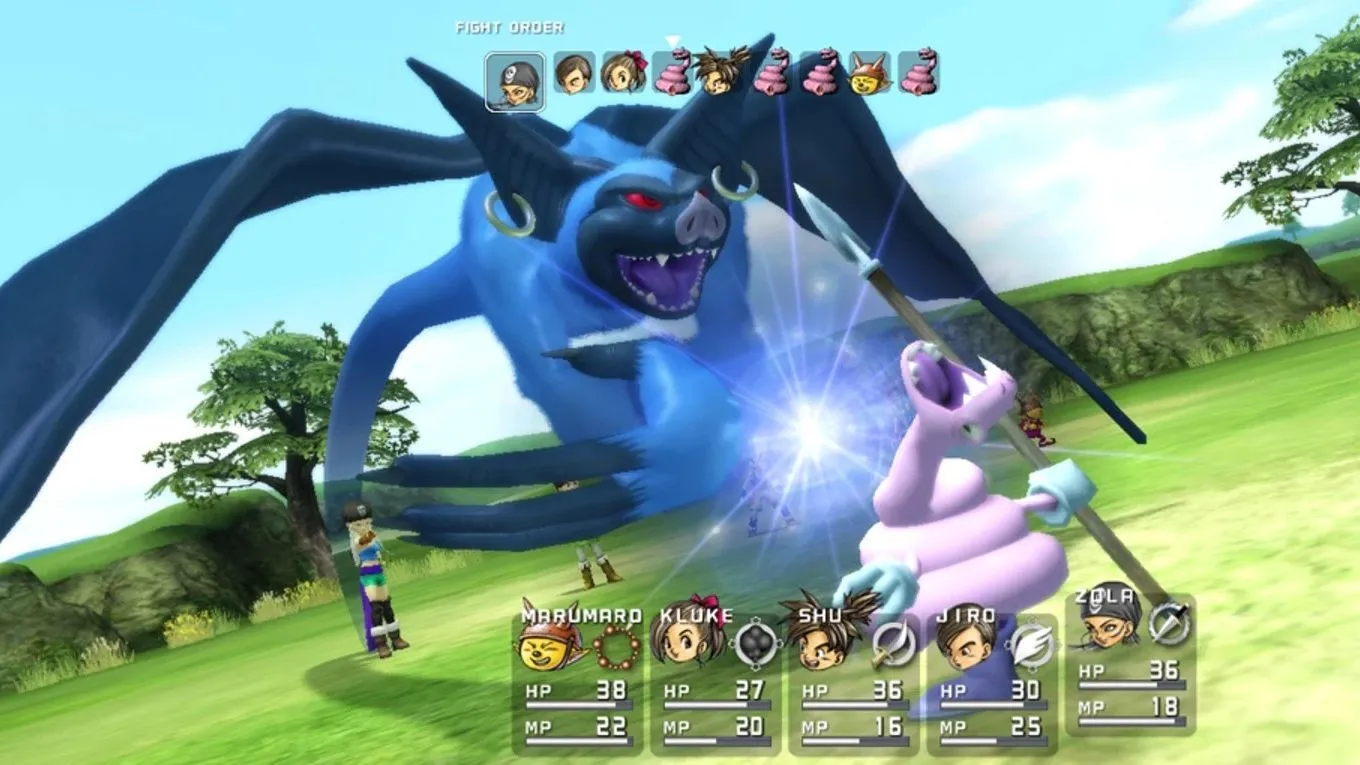 Màn hình chiến đấu trong Blue Dragon với nhân vật chính và kẻ thù là một con dơi khổng lồ