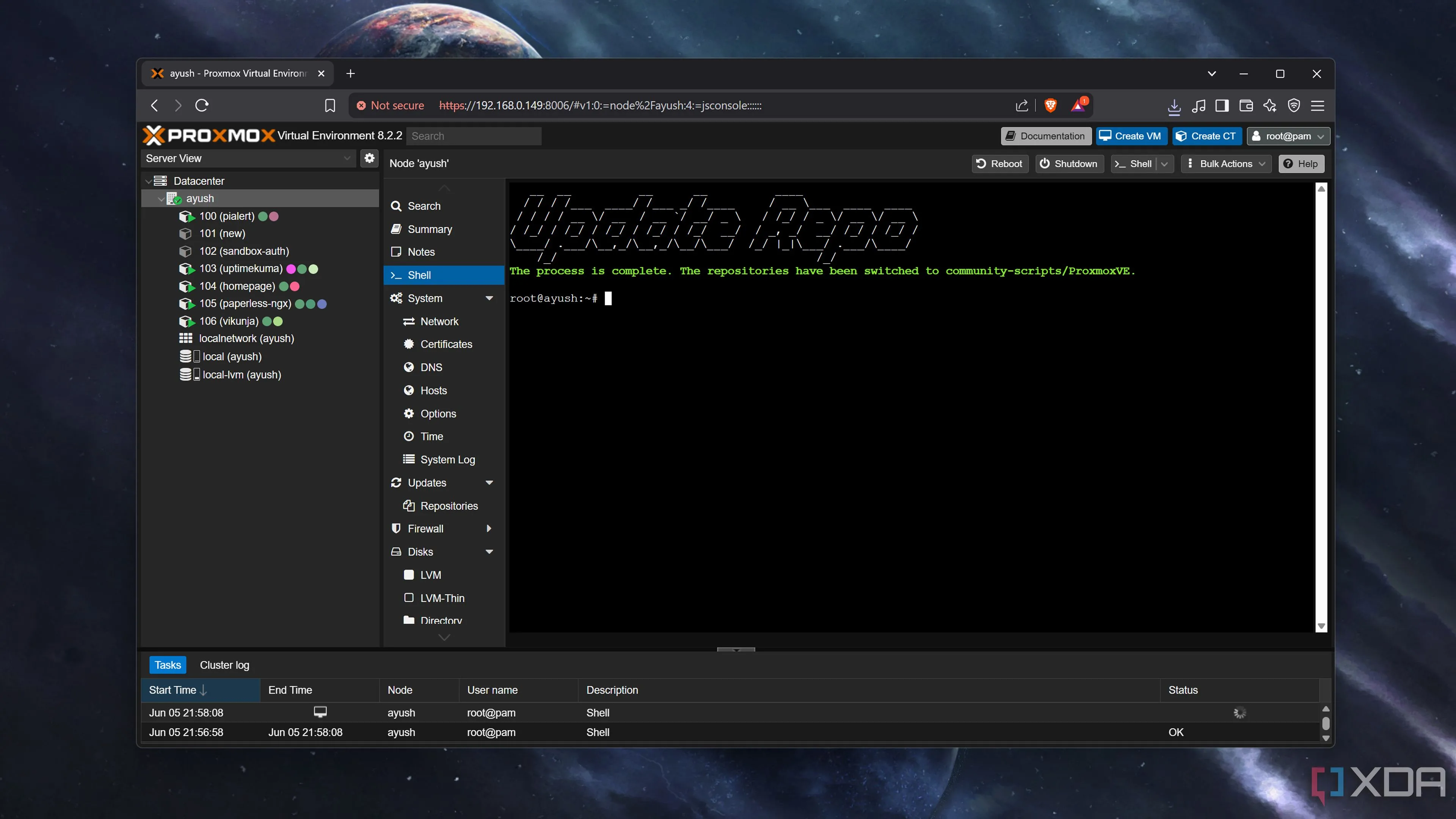 Màn hình console hiển thị quá trình cập nhật kho lưu trữ Proxmox VE với script Update Repositories