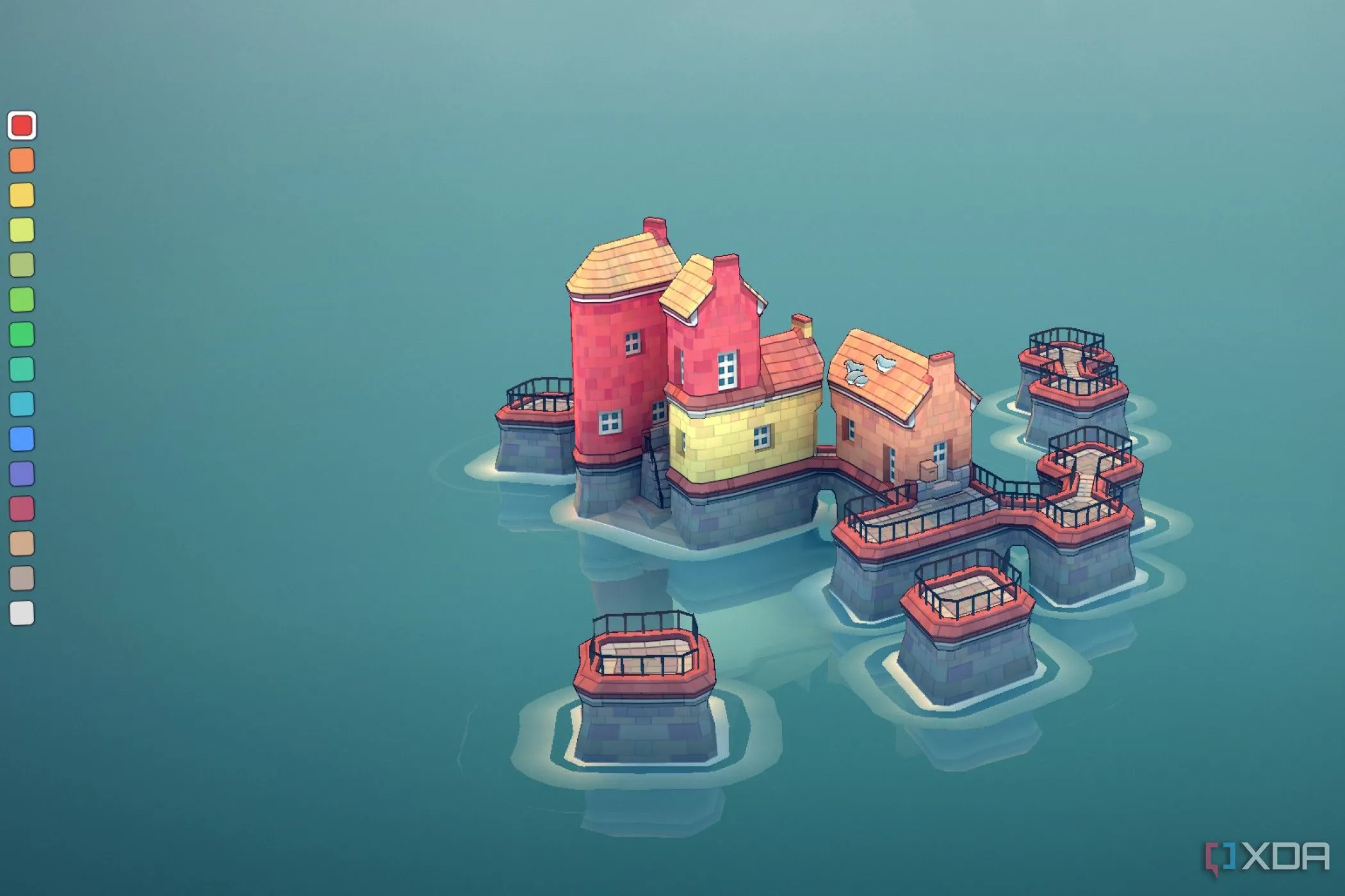 Màn hình game Townscaper hiển thị một thị trấn nhỏ đầy màu sắc được xây dựng trên mặt nước