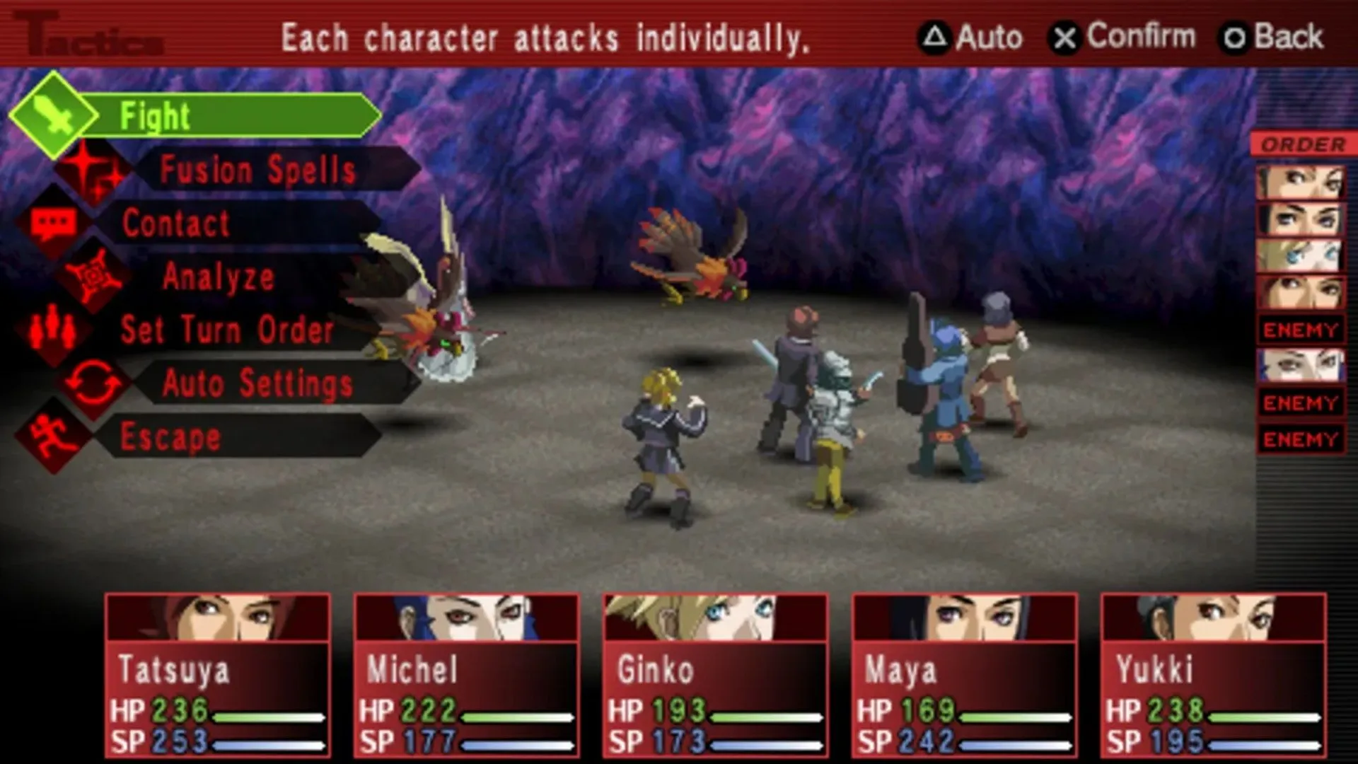 Màn hình gameplay của Shin Megami Tensei: Persona 2 Innocent Sin trên PSP, tựa game nhập vai JRPG kinh điển và rất được săn lùng.