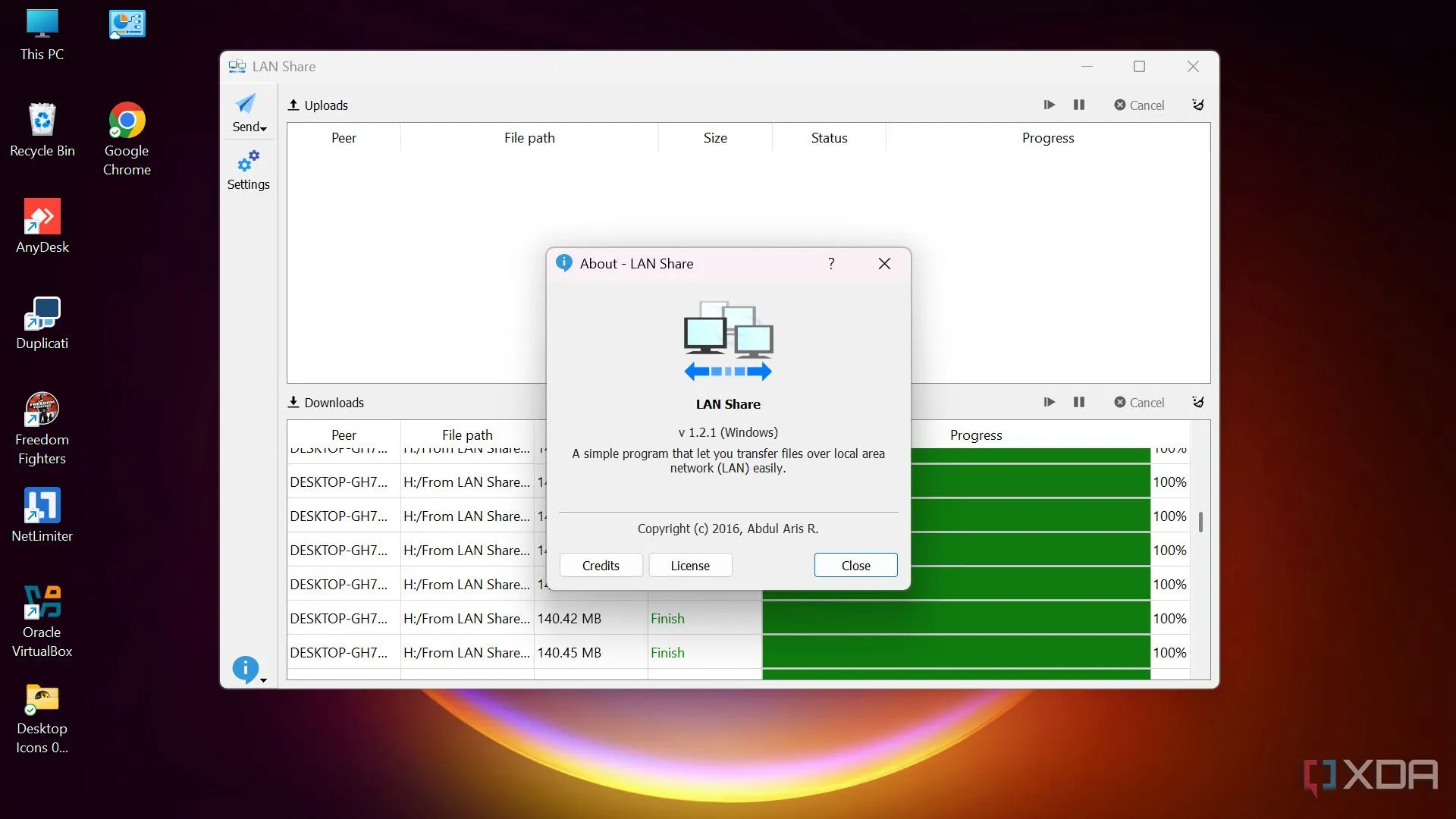 Màn hình giới thiệu phần mềm LAN Share hiển thị các thông tin cơ bản về công cụ chuyển file qua mạng nội bộ.