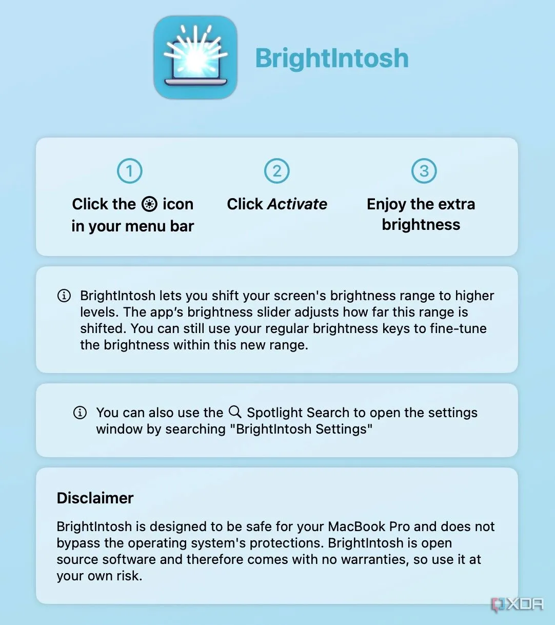 Màn hình giới thiệu ứng dụng Brightintosh với giao diện thân thiện, logo và thông báo chào mừng