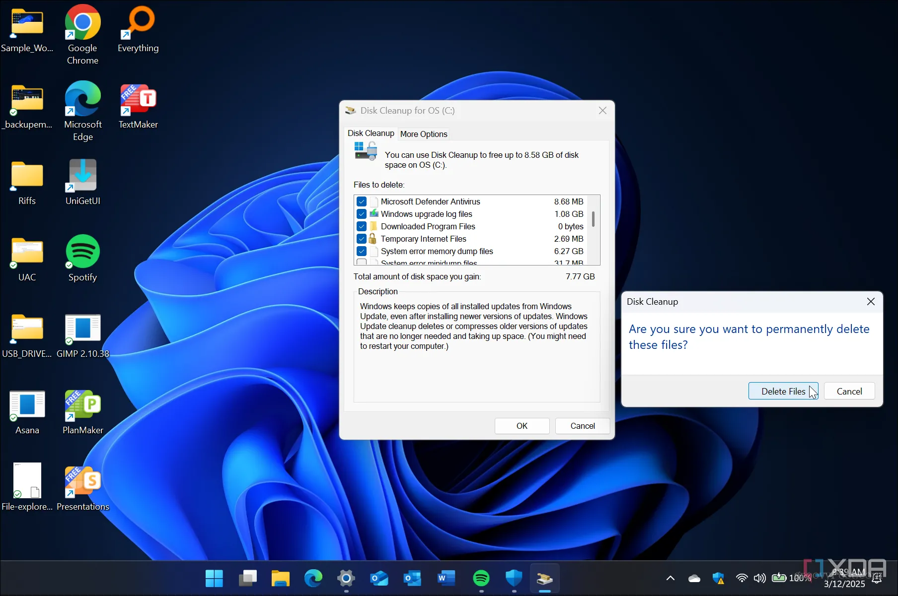 Màn hình hiển thị cửa sổ dọn dẹp ổ đĩa trên Windows 11 để giải phóng dung lượng SSD
