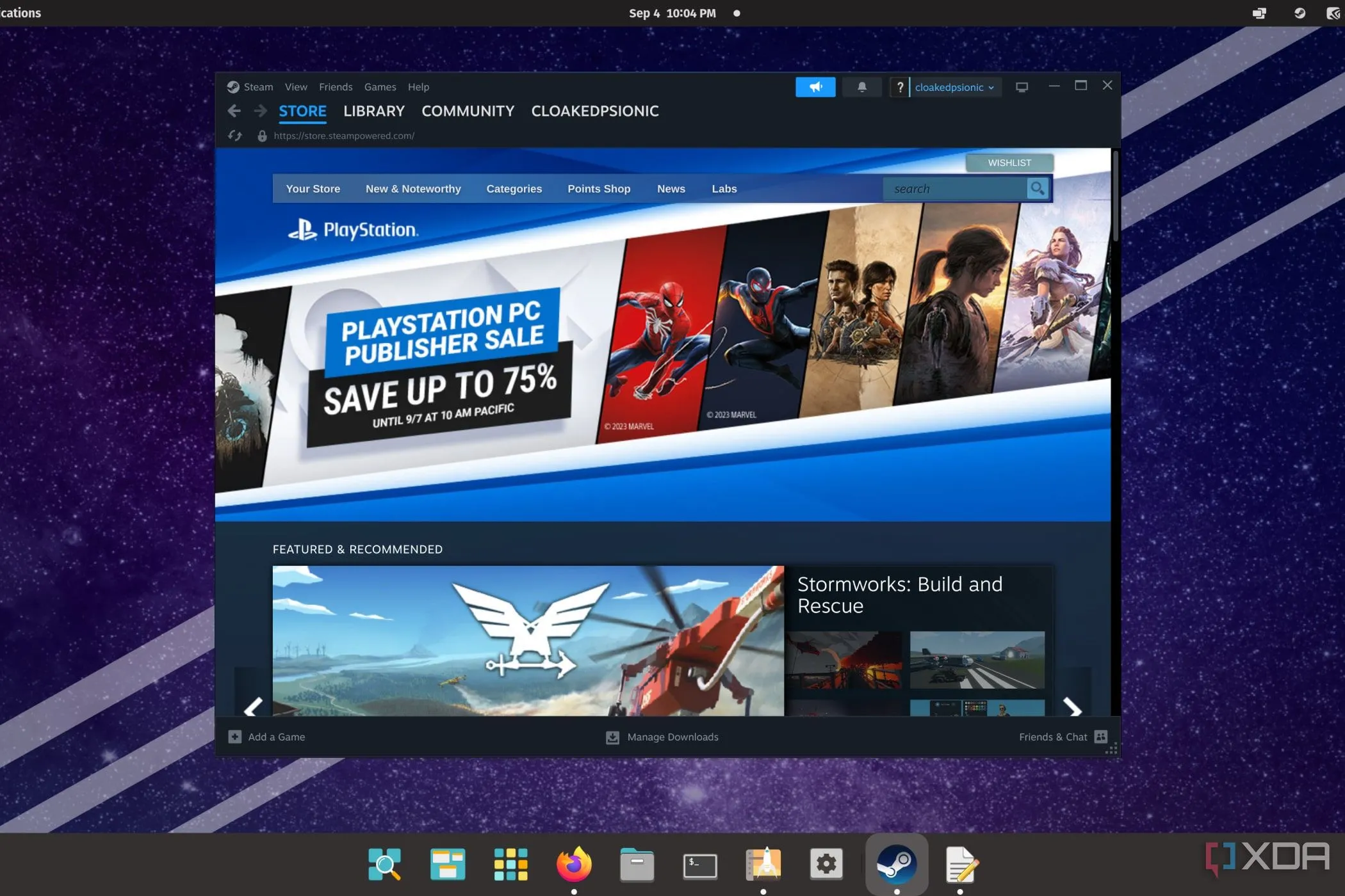 Màn hình máy tính chạy Pop!_OS hiển thị ứng dụng Steam, minh họa khả năng chơi game mượt mà
